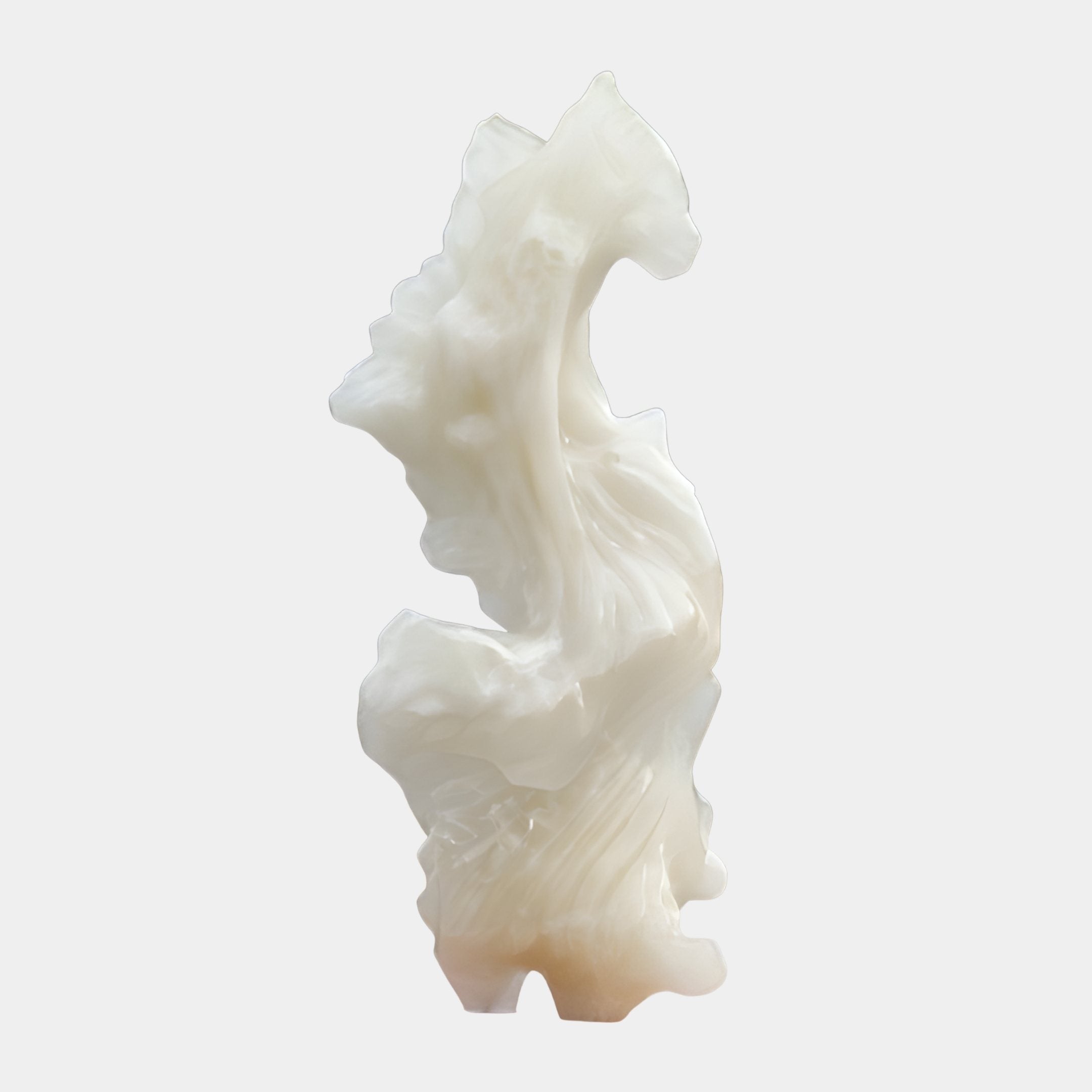 Coral Ridge White Abstract Jade Sculpture by Giant Sculptures, a 130cm pearlescent white form with rippled vertical folds rising in an S-curve against a plain background.
