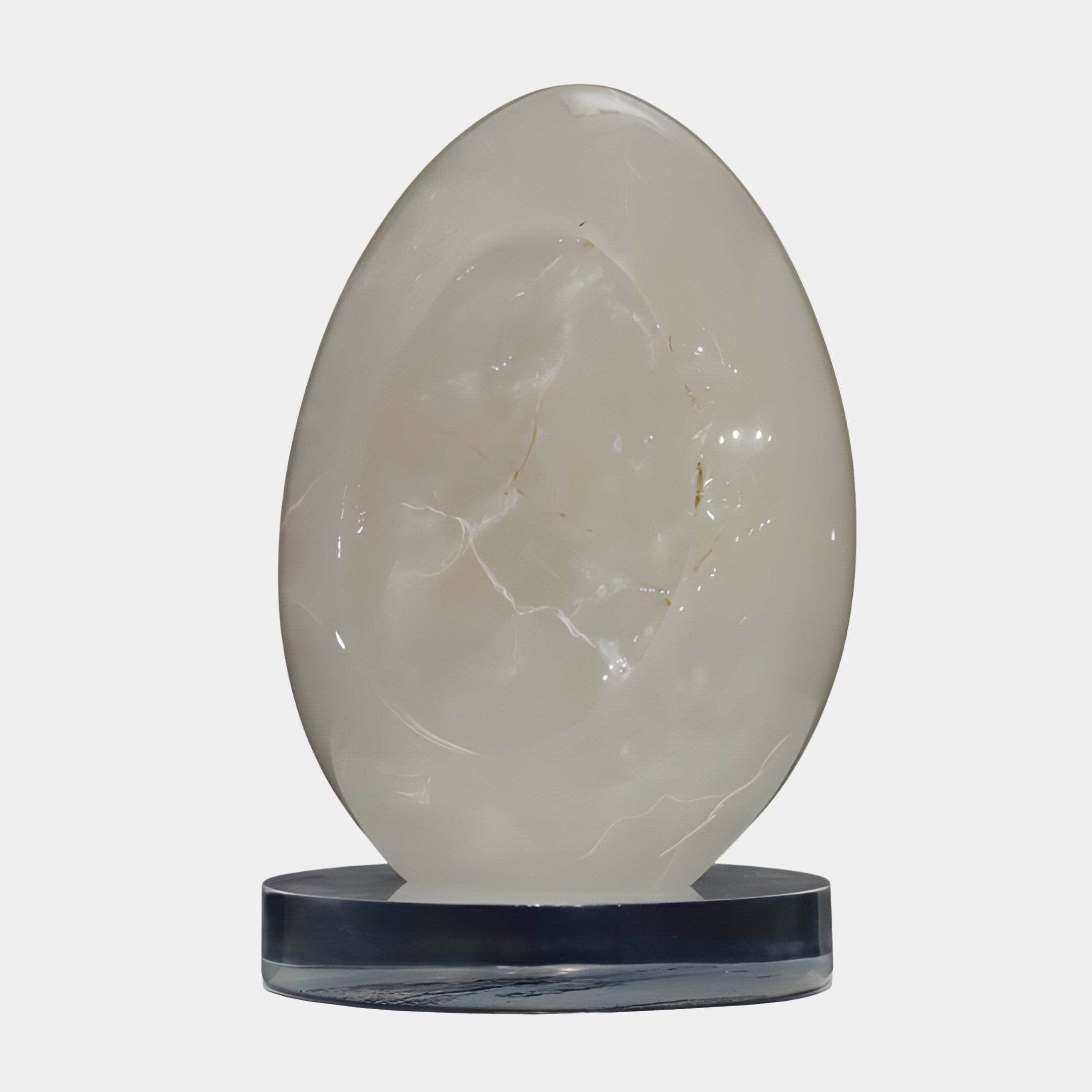 Genesis Egg White Abstract Jade Sculpture from Giant Sculptures, a 55cm pearlescent white egg with soft cloud-like swirls on a clear acrylic disc base.