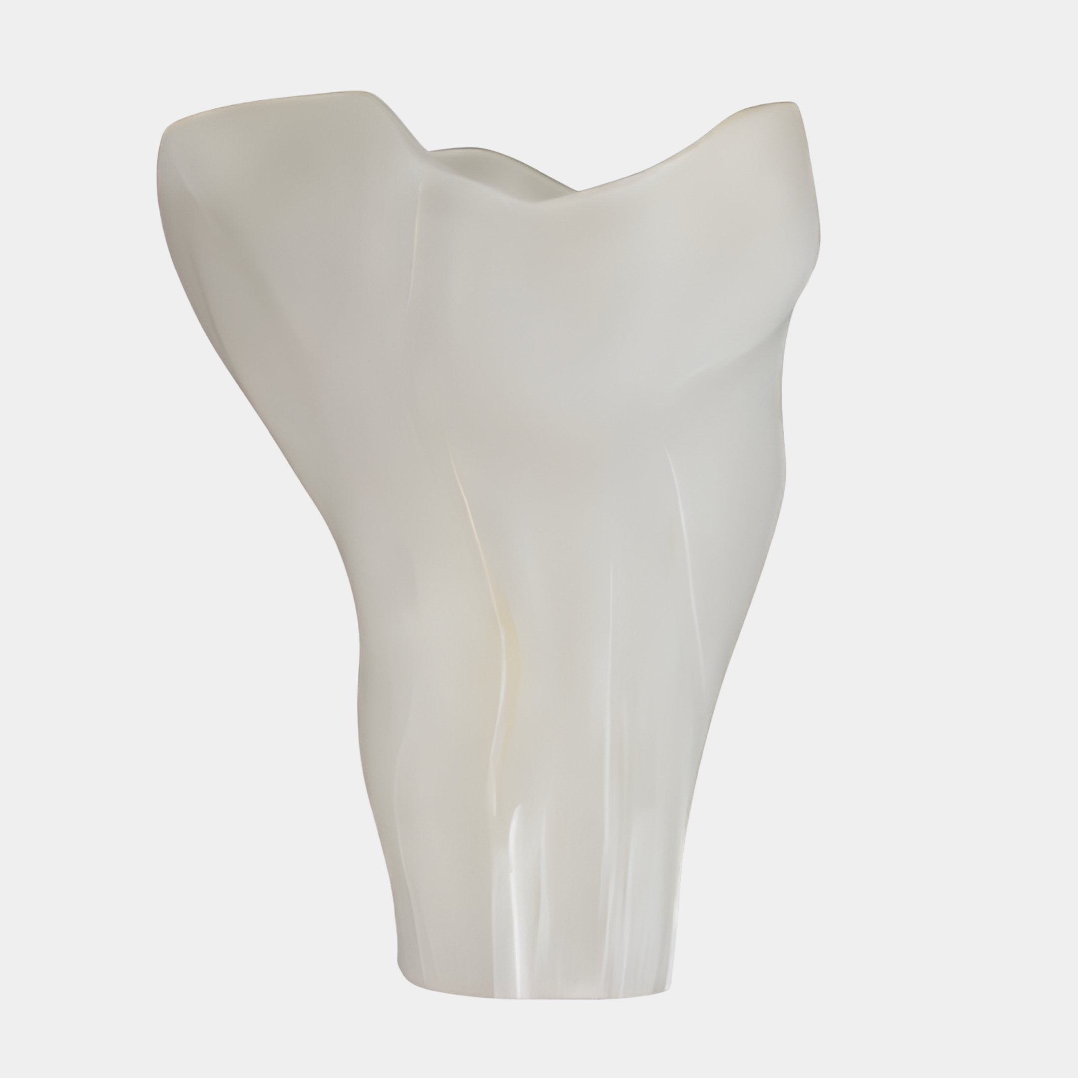 Petal Bloom White Abstract Jade Sculpture by Giant Sculptures, 40cm tall vase with a ruffled multi-petal rim and tapered base in pearlescent white, on a plain background.