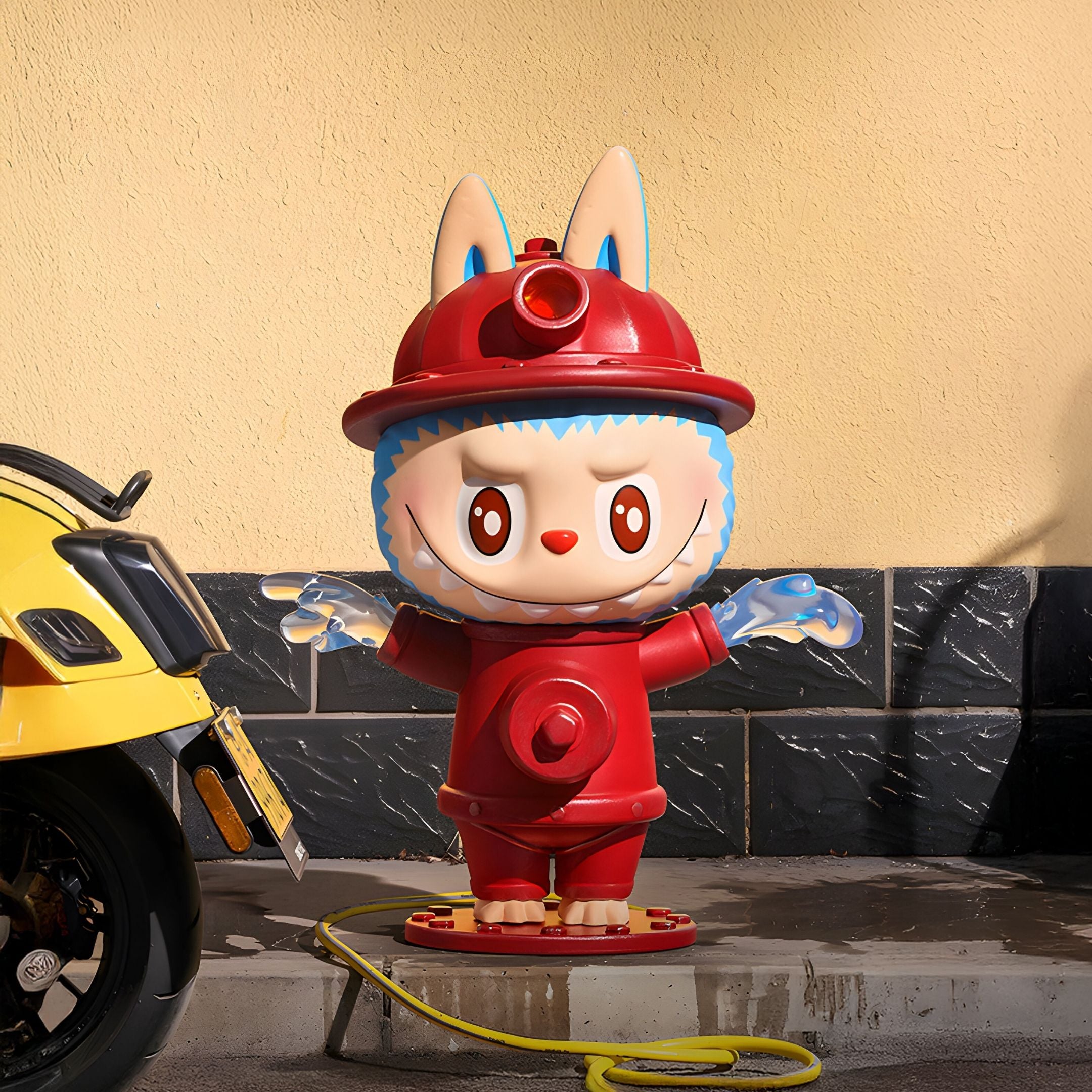 The Hidden Fire Hydrant Labubu Sculpture - 100cm by Giant Sculptures features a Pop-Art fire hydrant with bunny ears, big eyes, and outstretched arms beside a yellow scooter—showcasing expert fibreglass craftsmanship.