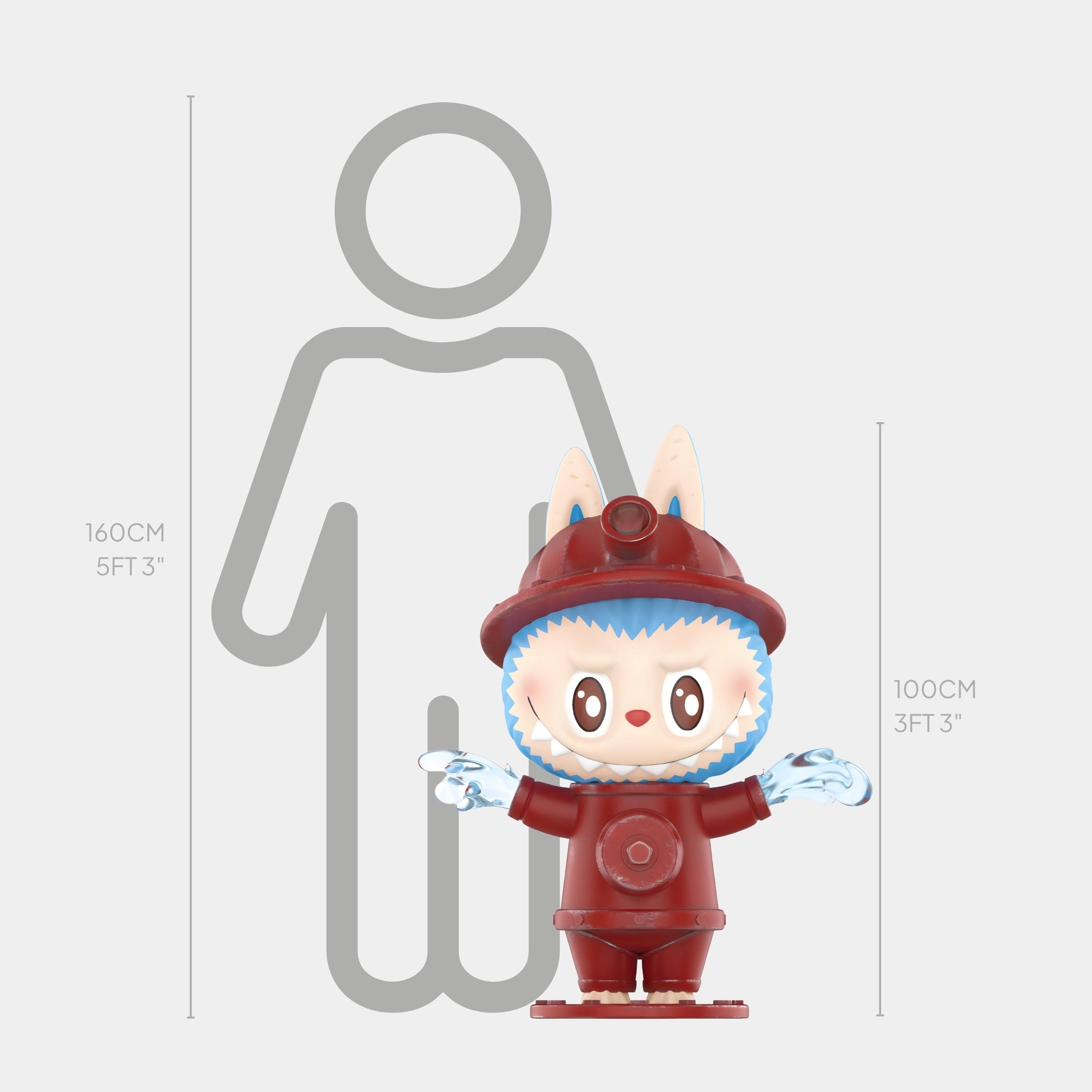 The Hidden Fire Hydrant Labubu Sculpture - 100cm by Giant Sculptures features a red firefighter Pop-Art design with blue ice gloves, crafted in expert fiberglass. It stands 100 cm tall beside a 160 cm human silhouette for scale.