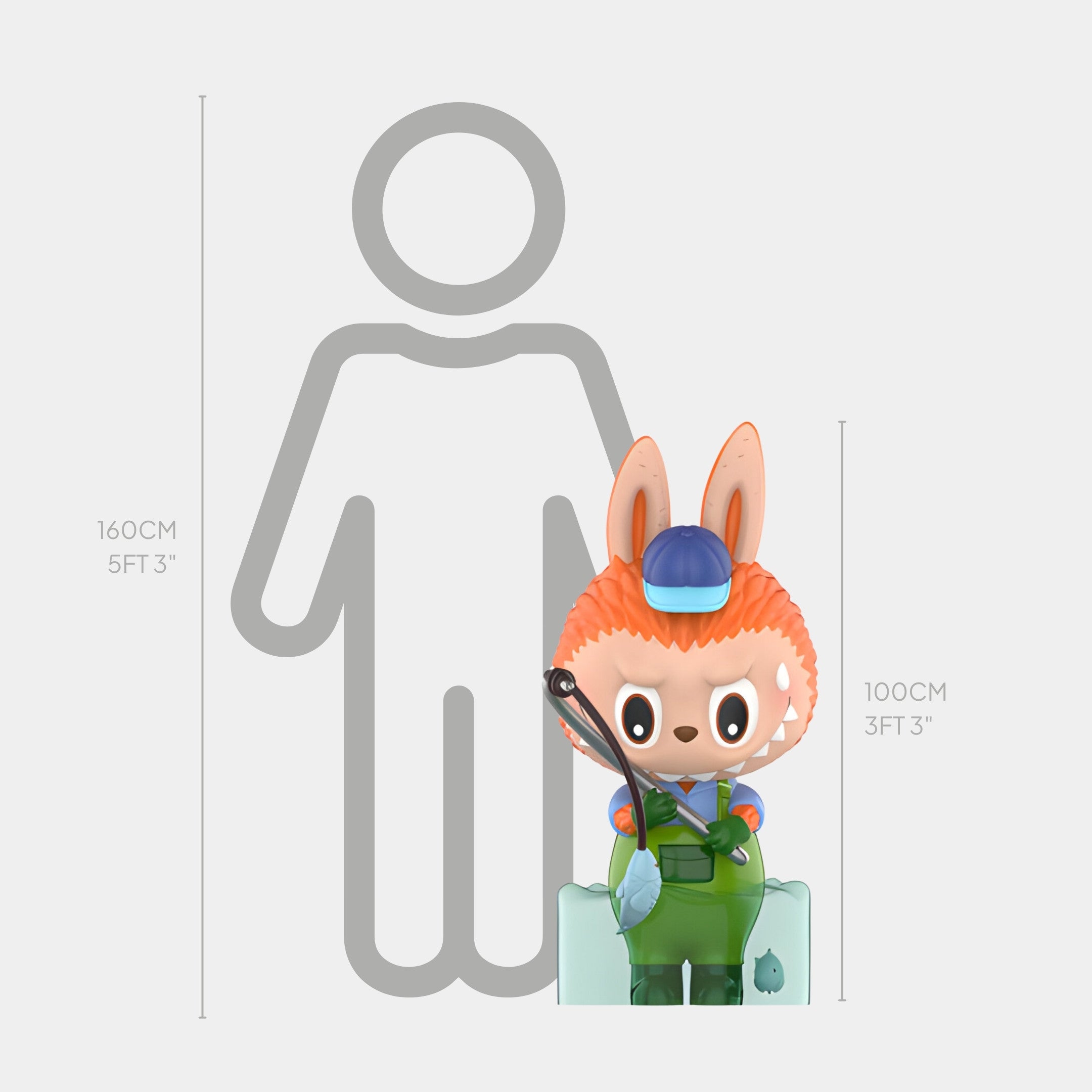 The Giant Sculptures Camp Life Fisher Labubu Sculpture - 100cm is a cartoon animal in overalls and a hat holding a wrench, shown beside a height chart and 160 cm human outline—ideal as an indoor display piece for collectors.