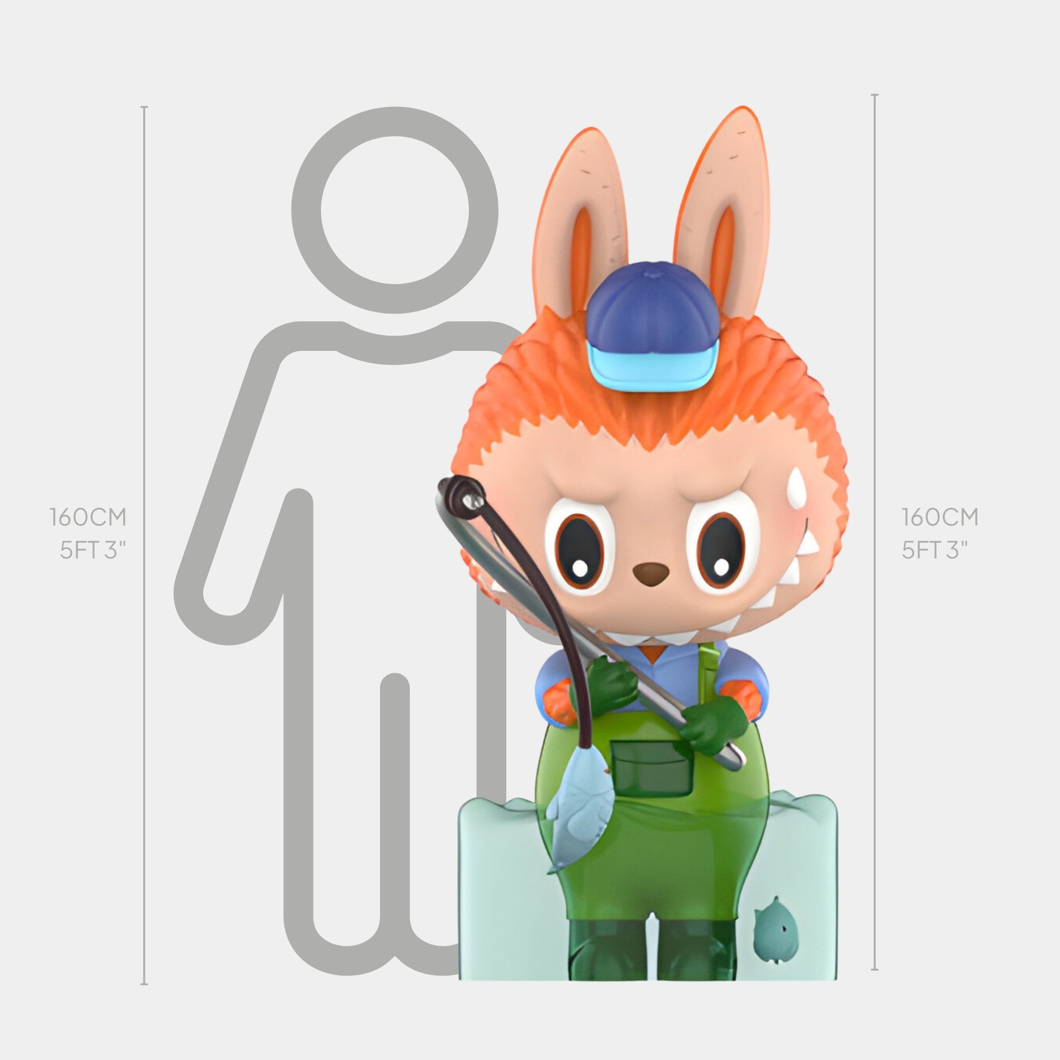 The Camp Life Fisher Labubu Sculpture - 160cm by Giant Sculptures depicts a cartoon fox in green waders and blue cap with a fish on a rod, shown next to a scale chart and human outline—perfect for indoor display.