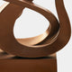 Close-up of Giant Sculptures' Flame III Matt Bronze Abstract Steel Sculpture (130cm): a contemporary artwork with smooth, intertwining curves and loops on a rectangular base, set against a plain white background.