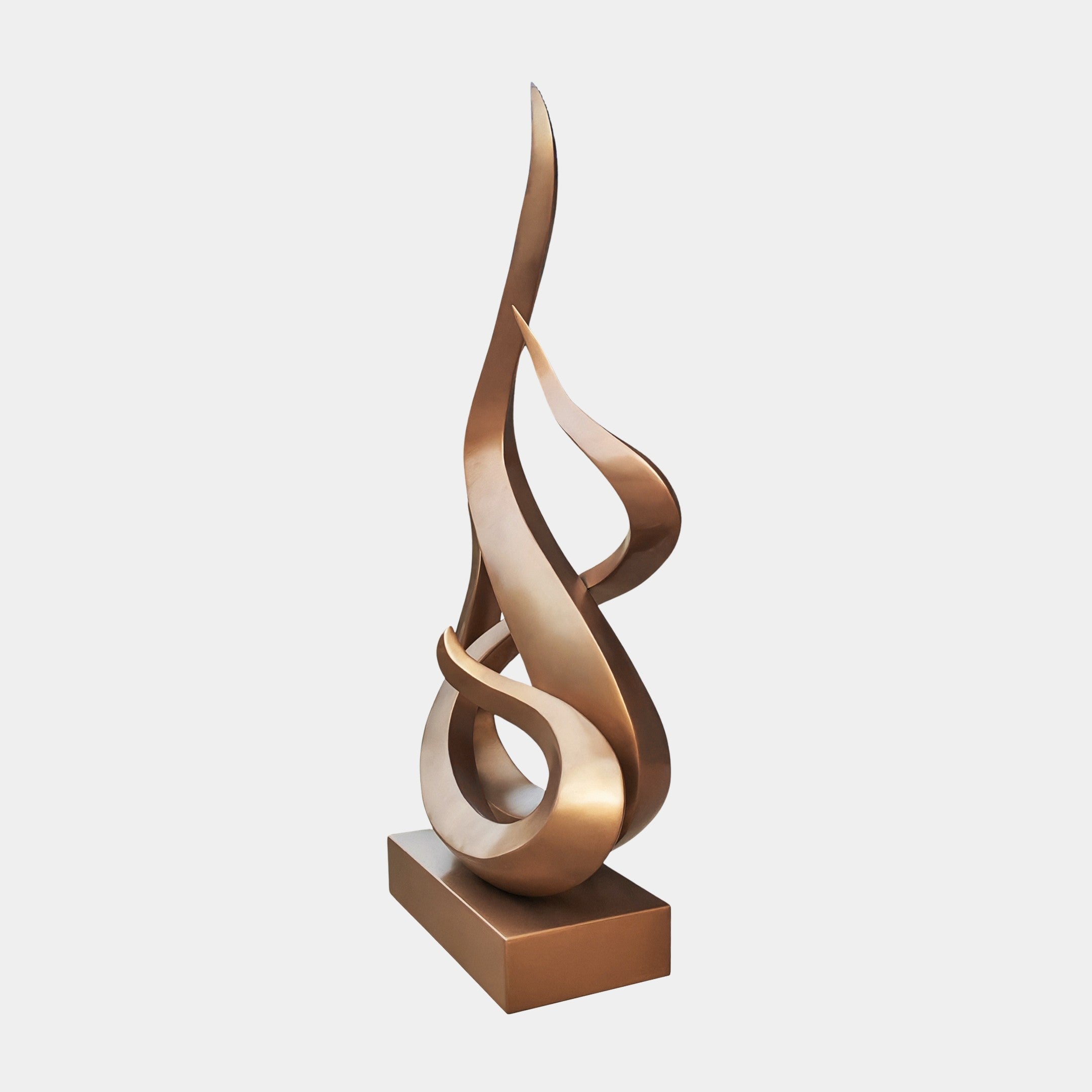 Flame III Matt Bronze Abstract Steel Sculpture by Giant Sculptures features flowing, intertwined curves and loops reminiscent of a flame, mounted on a rectangular base against a plain white background. Height: 130cm.