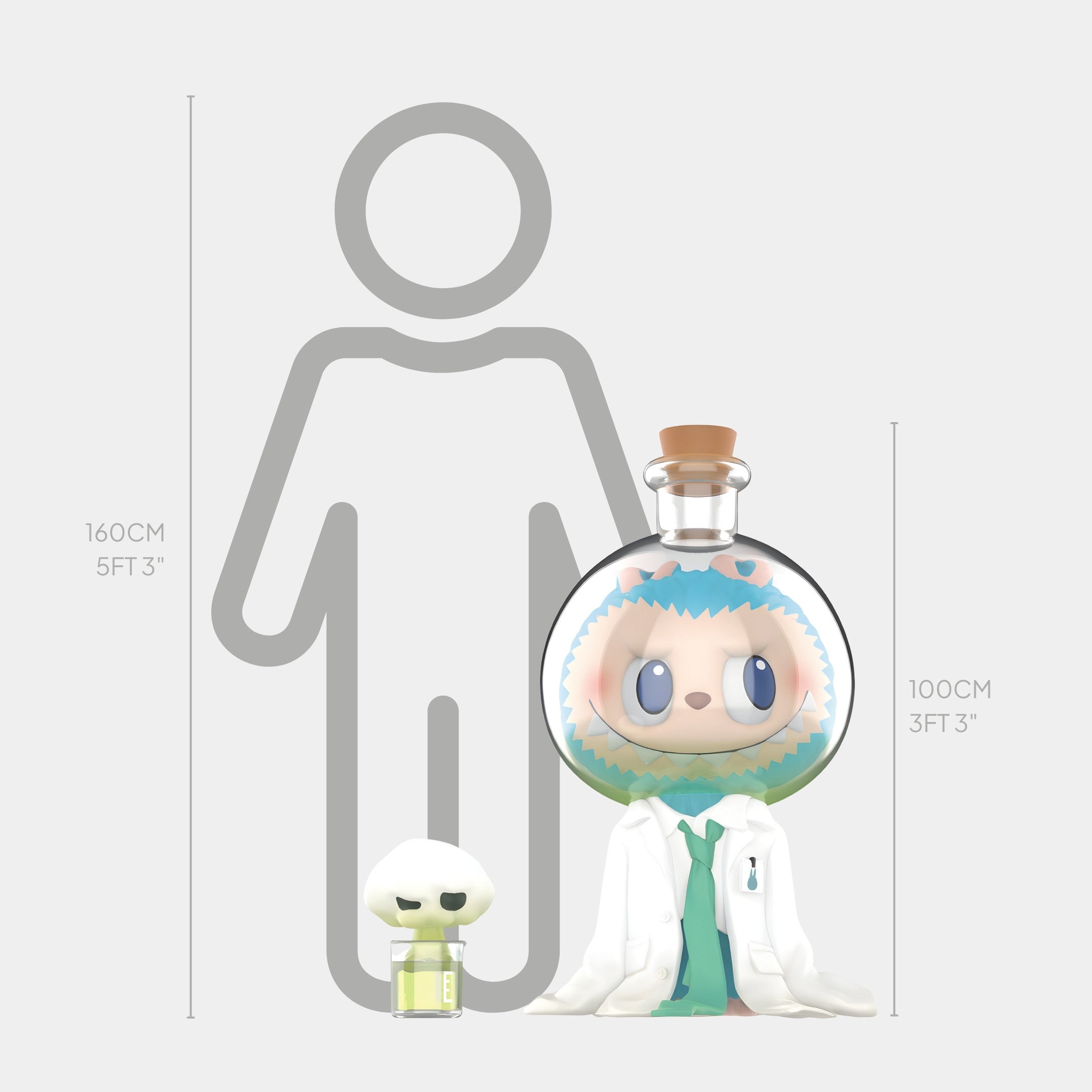A cartoon scientist fibreglass figure in a lab coat and a skull bottle with neon-yellow potion sit before a height chart and human silhouette, inspired by the Giant Sculptures Hidden Flask Labubu Sculpture - 100cm.