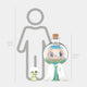 A cartoon scientist fibreglass figure in a lab coat and a skull bottle with neon-yellow potion sit before a height chart and human silhouette, inspired by the Giant Sculptures Hidden Flask Labubu Sculpture - 100cm.