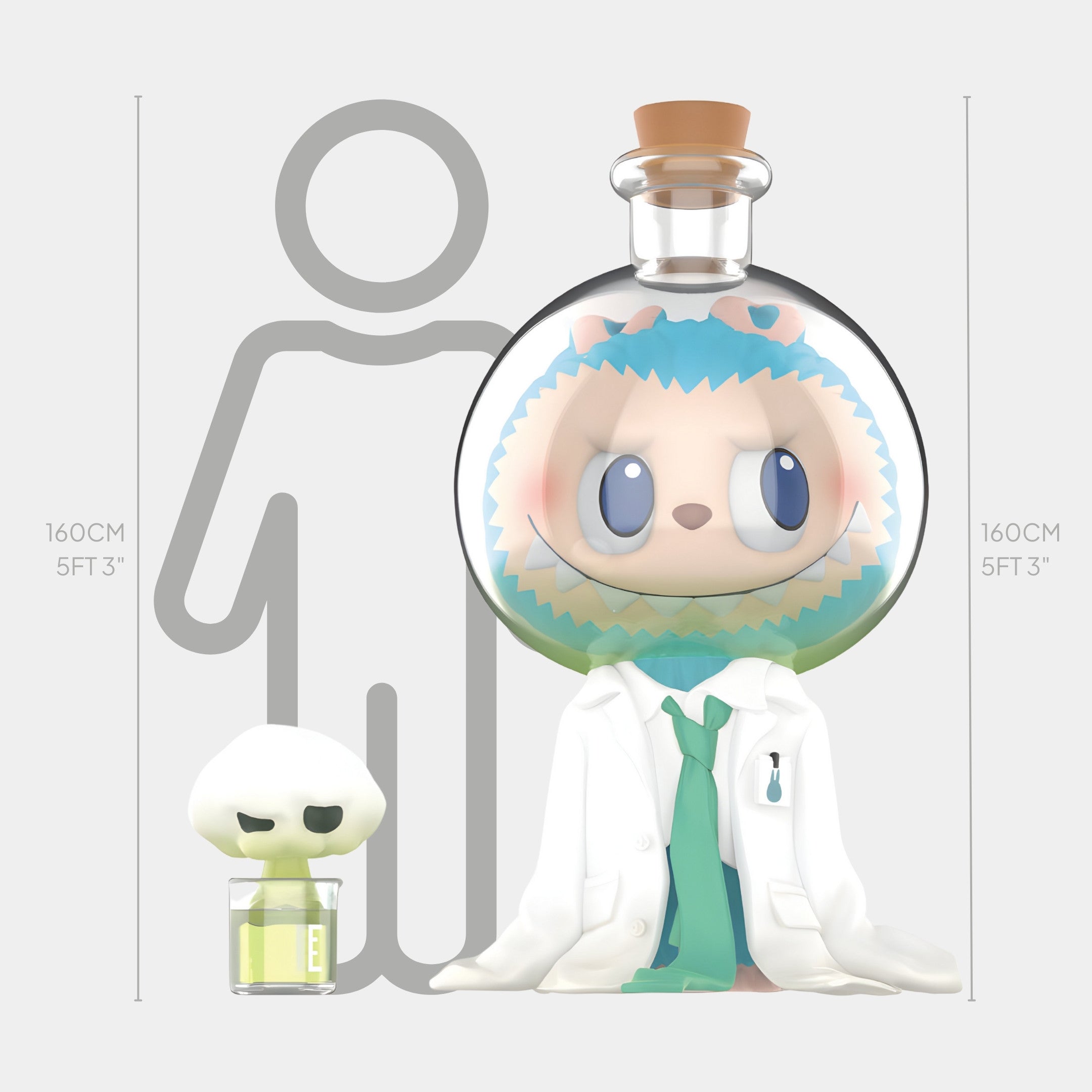 The 160cm Hidden Flask Labubu Sculpture by Giant Sculptures is a whimsical fibreglass piece, depicting a cartoon scientist with a cat-like face in a glass flask beside a green bottle with a skull cap.