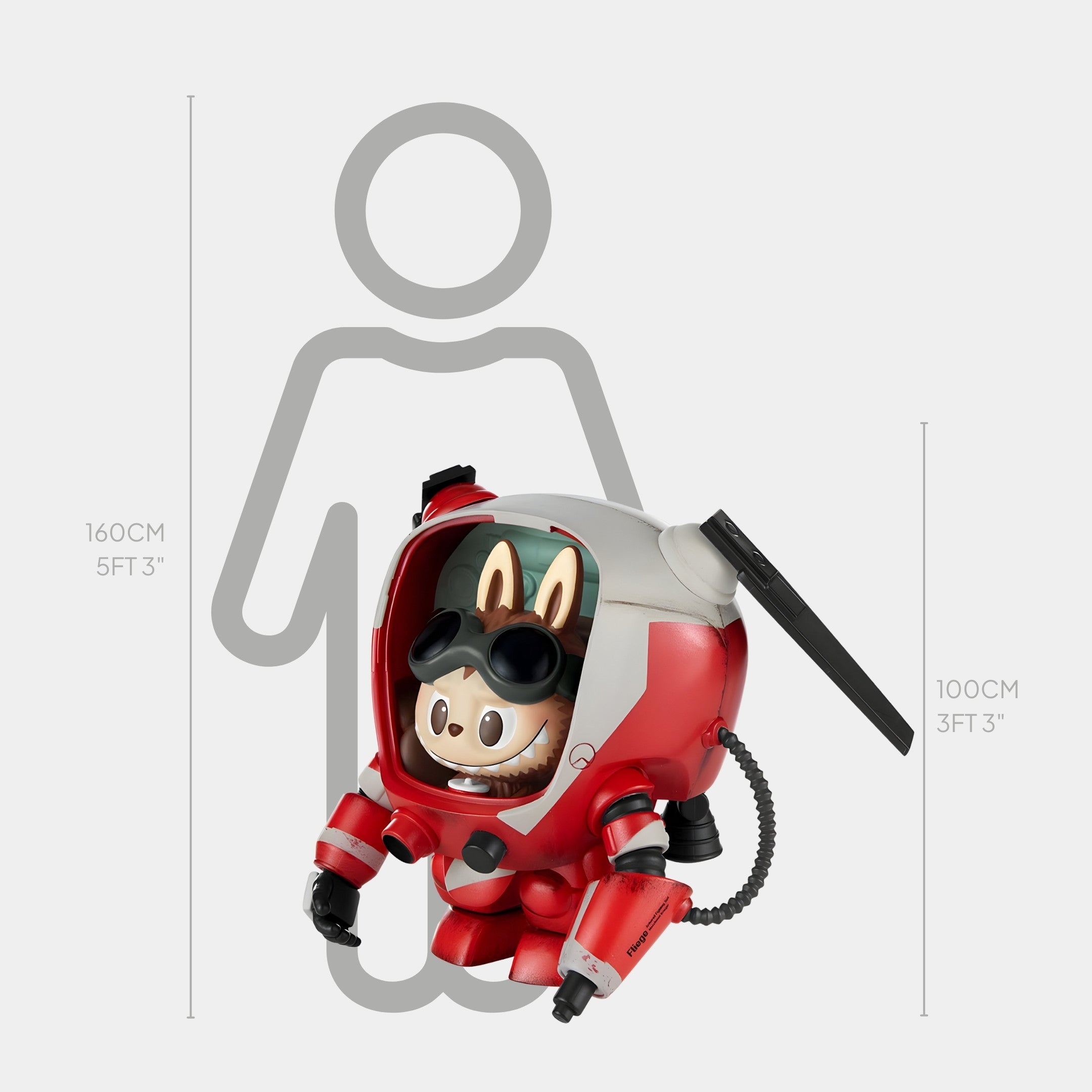 The Flame Ranger Labubu Mecha Sculpture - 100cm by Giant Sculptures features a cartoonish Labubu in a red and white spacesuit with bunny ears and goggles, shown next to a 160 cm human outline to highlight its impressive sci-fi scale.