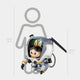 The Orbit Ranger Labubu Mecha Sculpture - 100cm by Giant Sculptures, an astronaut-inspired bunny-eared figure with a sci-fi look, is shown beside a gray human outline for scale, reaching just above the knee near 100 cm and 160 cm height markers.