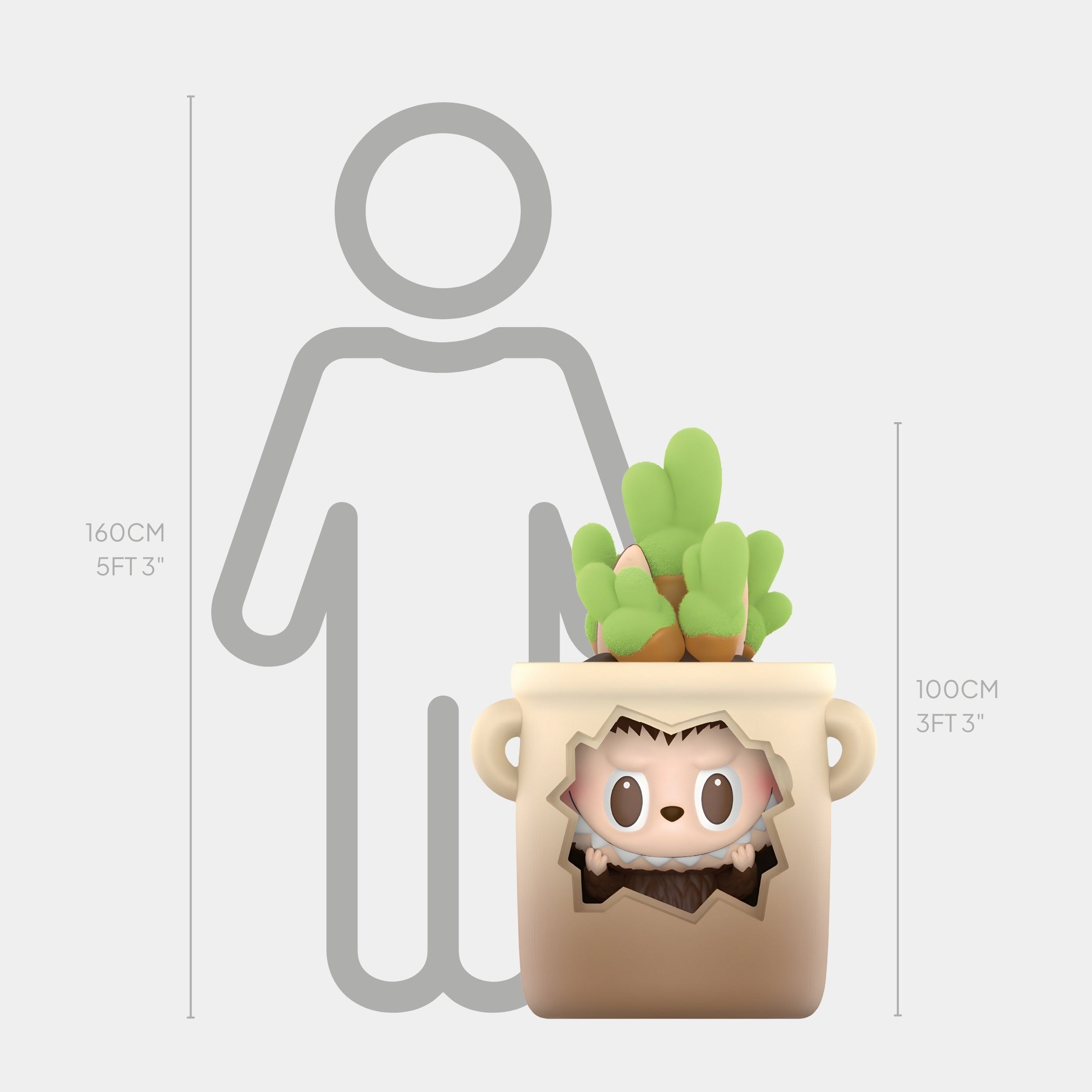 The Giant Sculptures Hidden Flower Pot Labubu Sculpture (100cm) features a cartoon-style pot with a cute animal face and cactus, shown before a 100cm height chart next to a human figure labeled 160cm (5ft 3in).