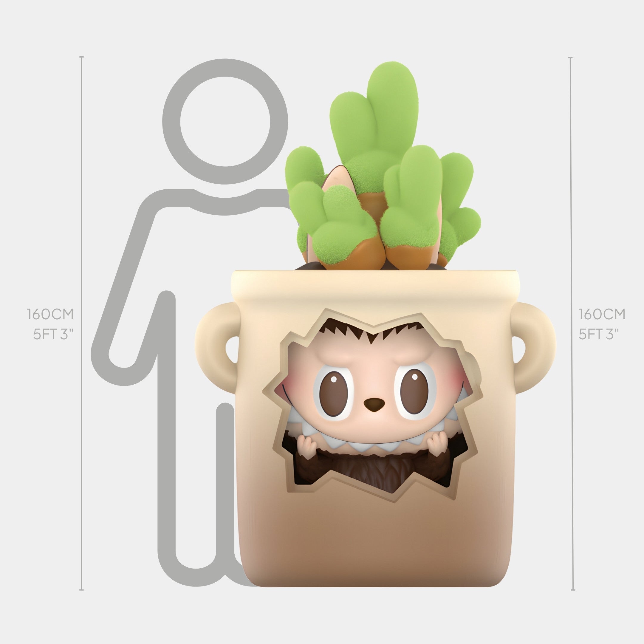 The Hidden Flower Pot Labubu Sculpture - 160cm by Giant Sculptures features a cute cartoon hedgehog peeking from a star-shaped hole, topped with mossy succulents. A height chart shows the 160cm (53) fibreglass sculpture beside a human silhouette.