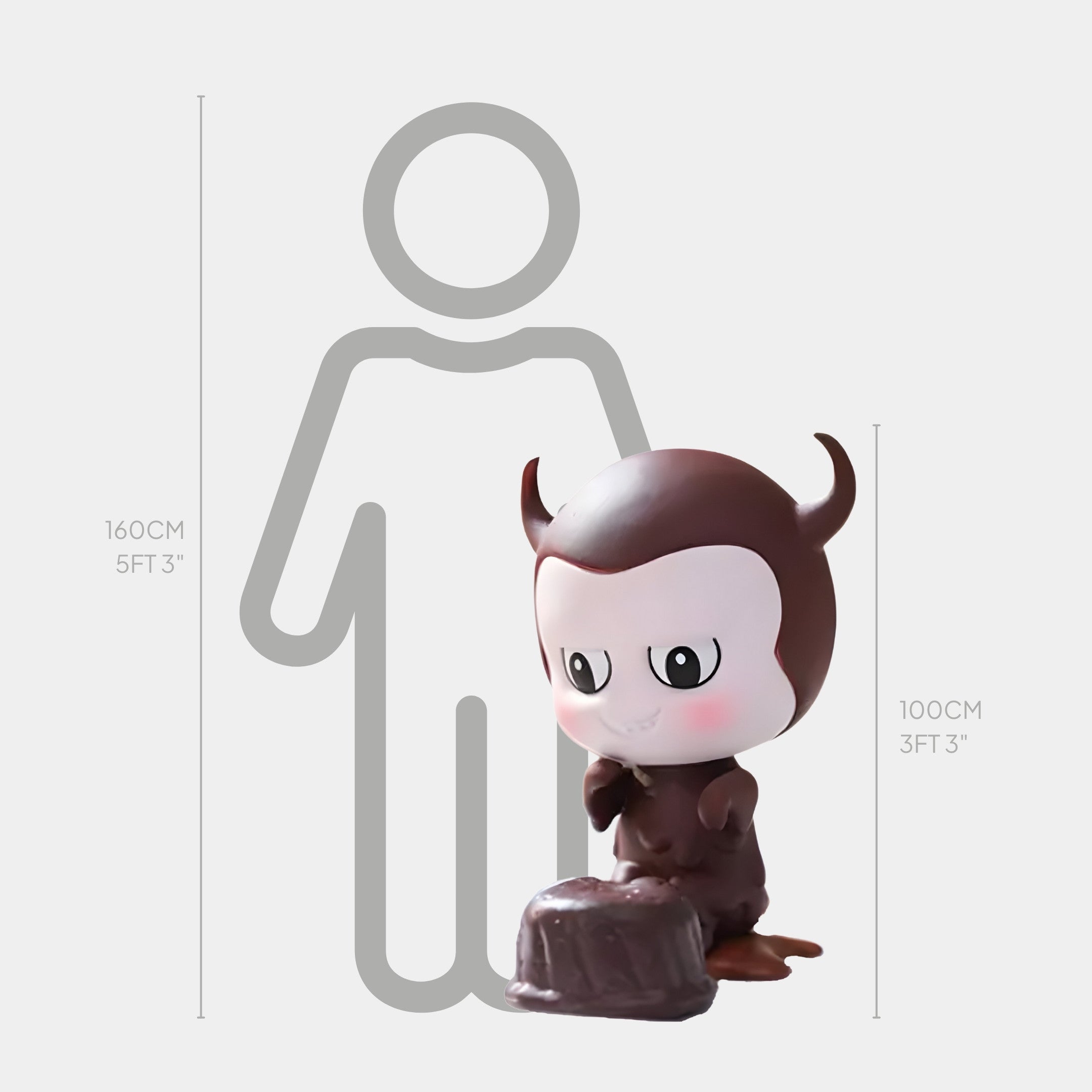 The Giant Sculptures Sweet Mischief Chocolate Devil Labubu Sculpture stands 100cm tall, shown beside a 160cm human silhouette and height chart—perfect for adding playful charm to indoor corners.