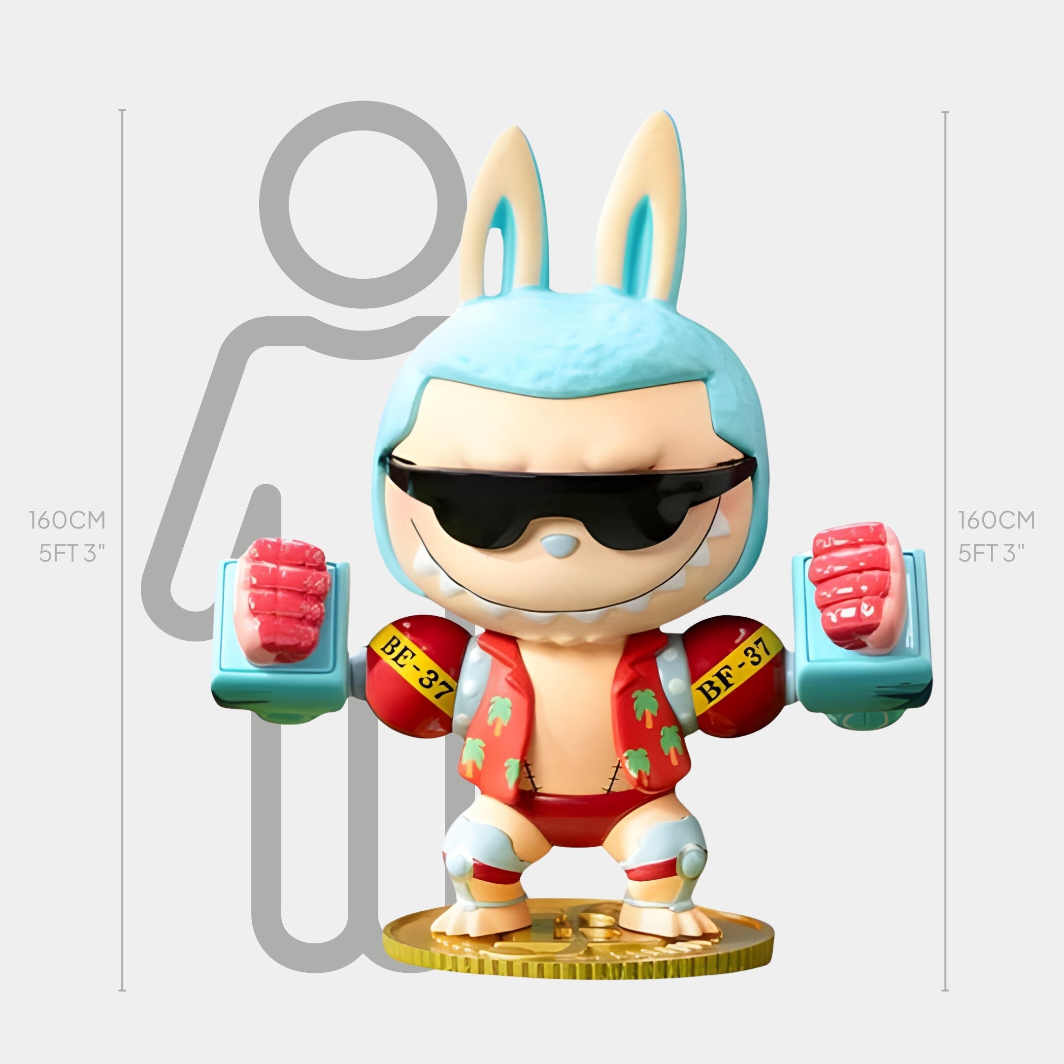 The Grand Line Franky Labubu Sculpture by Giant Sculptures features a cartoonish figure in sunglasses, a blue bunny-eared hood, red swimsuit, and robotic gloves standing on a gold coin. This 160cm-tall fiberglass piece is shorter than someone 53.