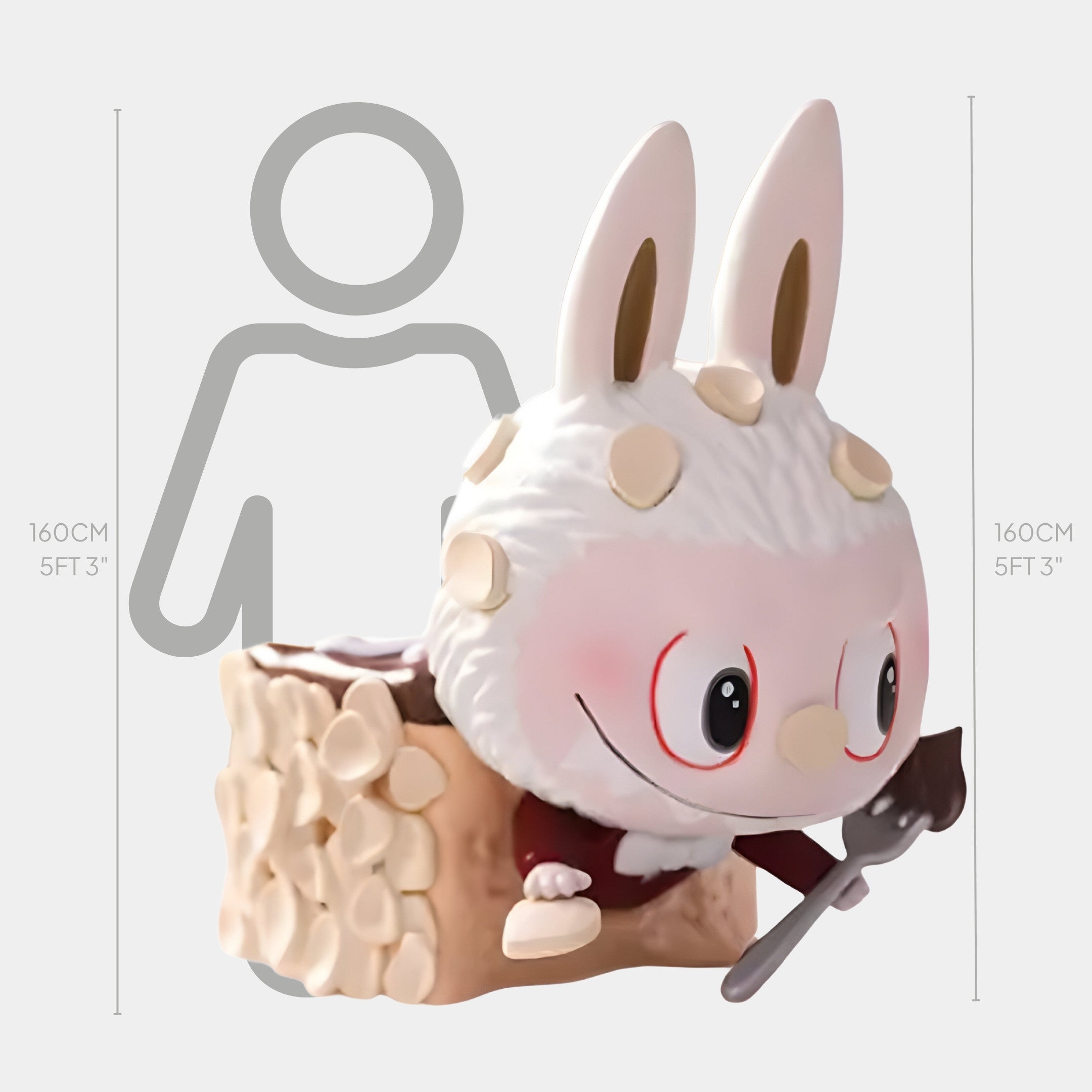 The Sweet Mischief Butter Sponge Cake Labubu Sculpture by Giant Sculptures is a 160cm cartoonish bunny with big eyes and tall ears, holding a shovel and sitting in a log—a whimsical indoor art piece.