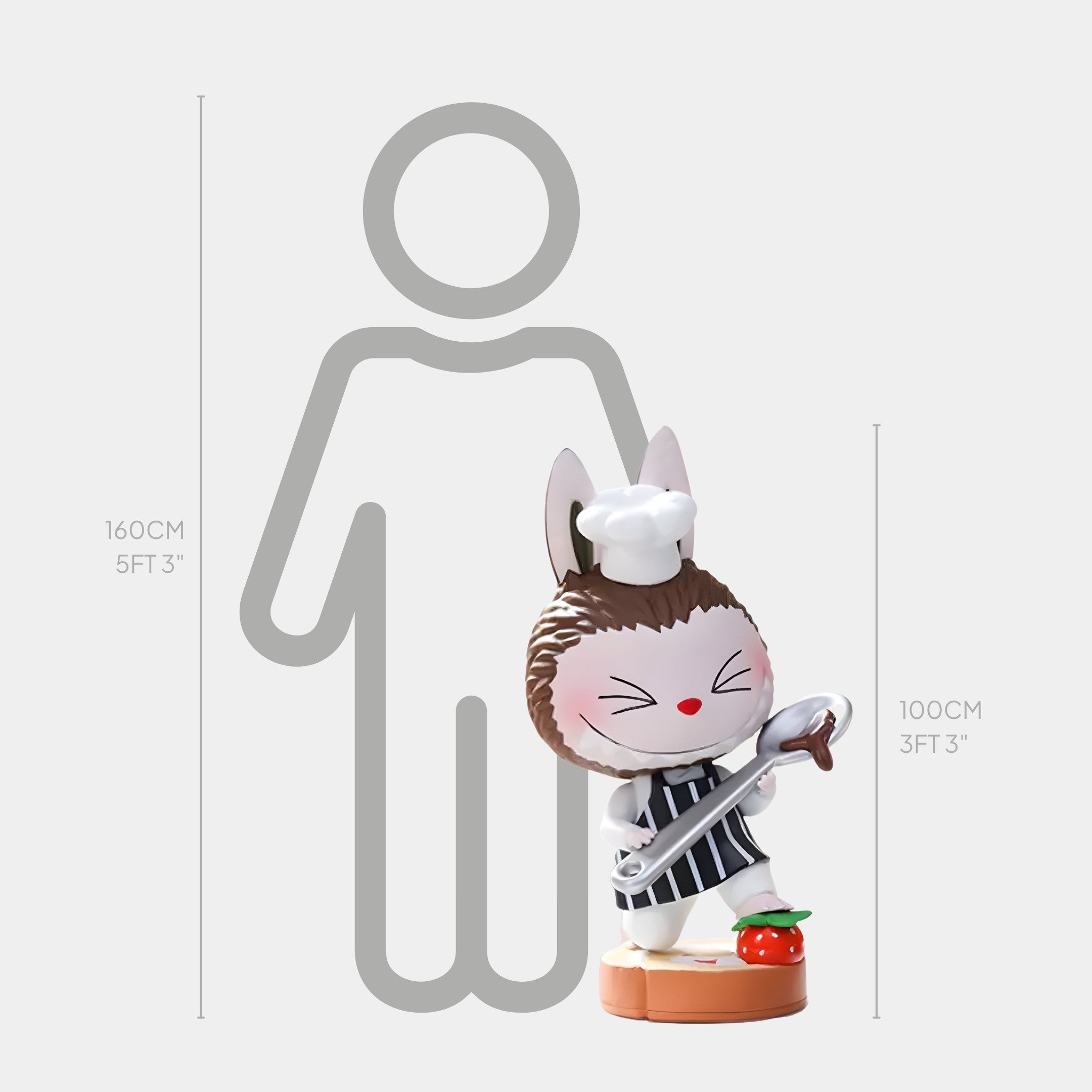 The Giant Sculptures Sweet Mischief Chocolate Chef Labubu Sculpture is a playful, black and white chef cat figurine, 100cm tall, perfect as a whimsical indoor fibreglass décor piece.