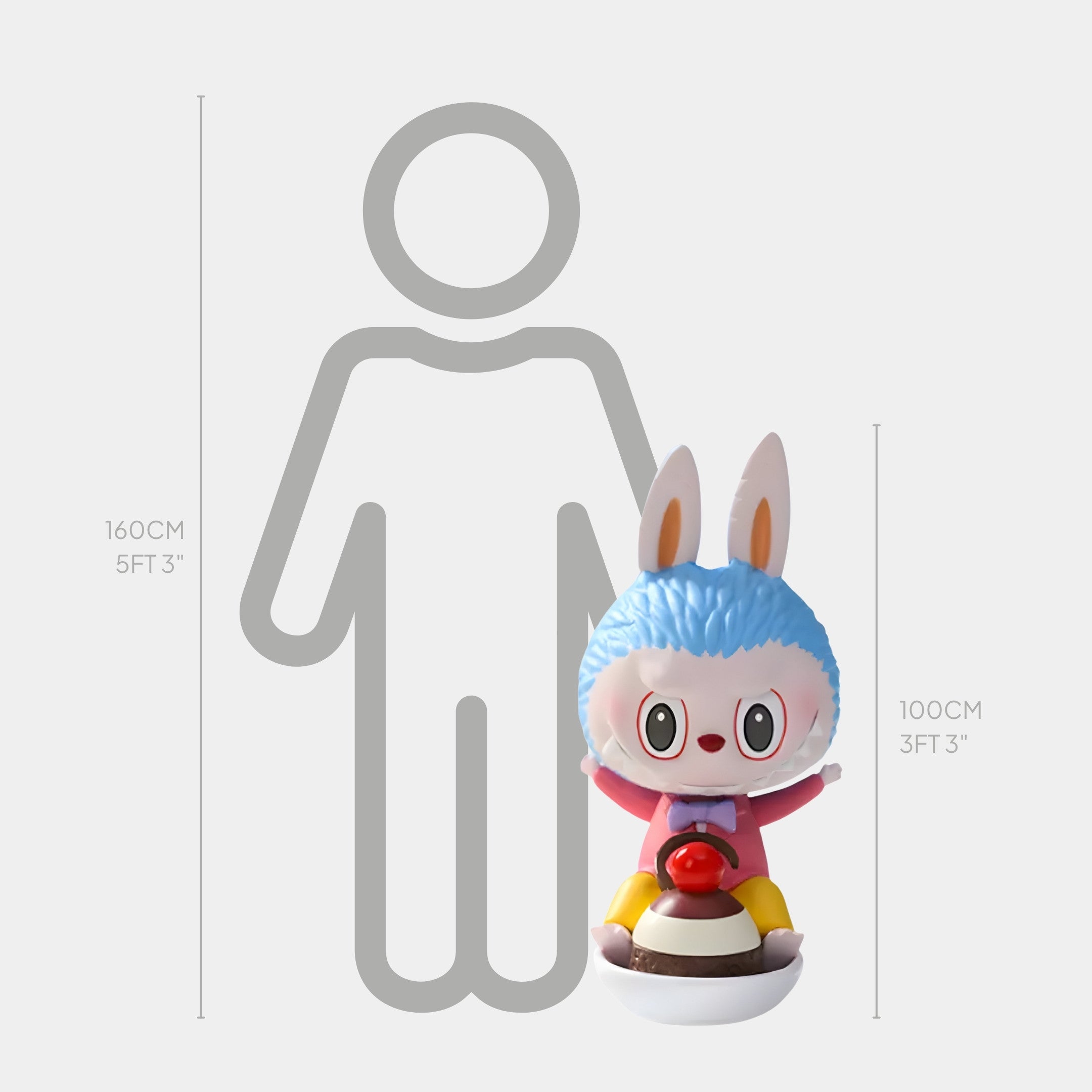 The Giant Sculptures Sweet Mischief Cherry Ride Labubu Sculpture, a 100cm tall colorful fibreglass bunny with a blue hood and red bow in toy-like style, stands before a 160cm human outline for size comparison.