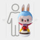 The Sweet Mischief Cherry Ride Labubu Sculpture by Giant Sculptures is a 160cm (5ft 3in) tall fibreglass piece featuring a large blue cartoon rabbit with big ears and wide eyes sitting on a red and brown dessert-themed spoon base.
