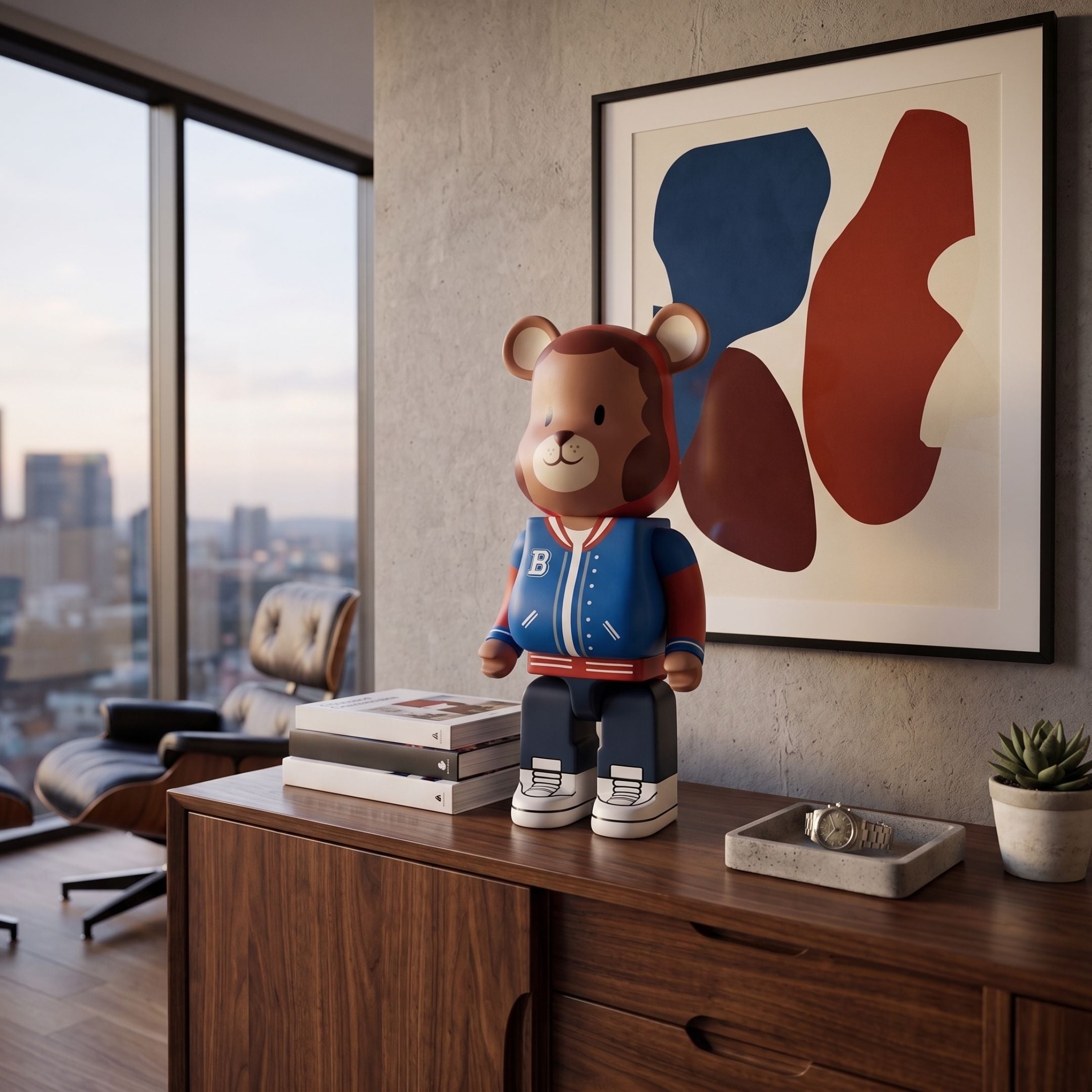 Fresh Grizz Bear Sculpture (50cm) by Giant Sculptures in a blue and red varsity jacket, displayed on a wooden sideboard beside books and abstract wall art.