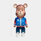 The Giant Sculptures Fresh Grizz Bear Sculpture - 50cm features a bear in a blue and red varsity jacket with a B, navy pants, and white sneakers—a striking streetwear-inspired collectible set against a light gray backdrop.