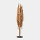 The Strata Copper Abstract Steel Sculpture by Giant Sculptures is a contemporary piece showcasing vertically arranged, irregular copper rods on a black circular base, all set against a white background.