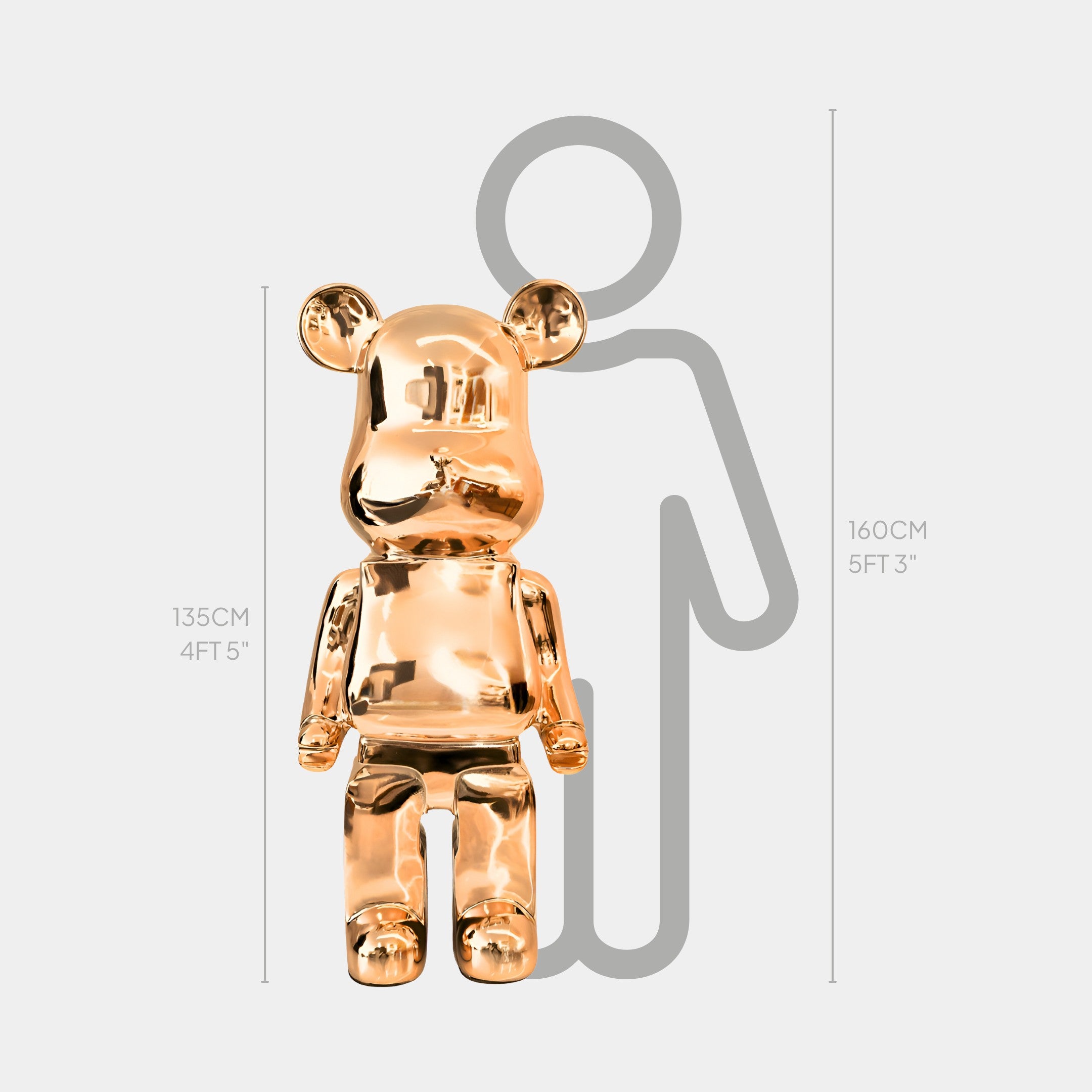 Rose Gold Bear Sculpture 135cm - Front View, electroplated rose gold finish with a luxurious reflective surface.