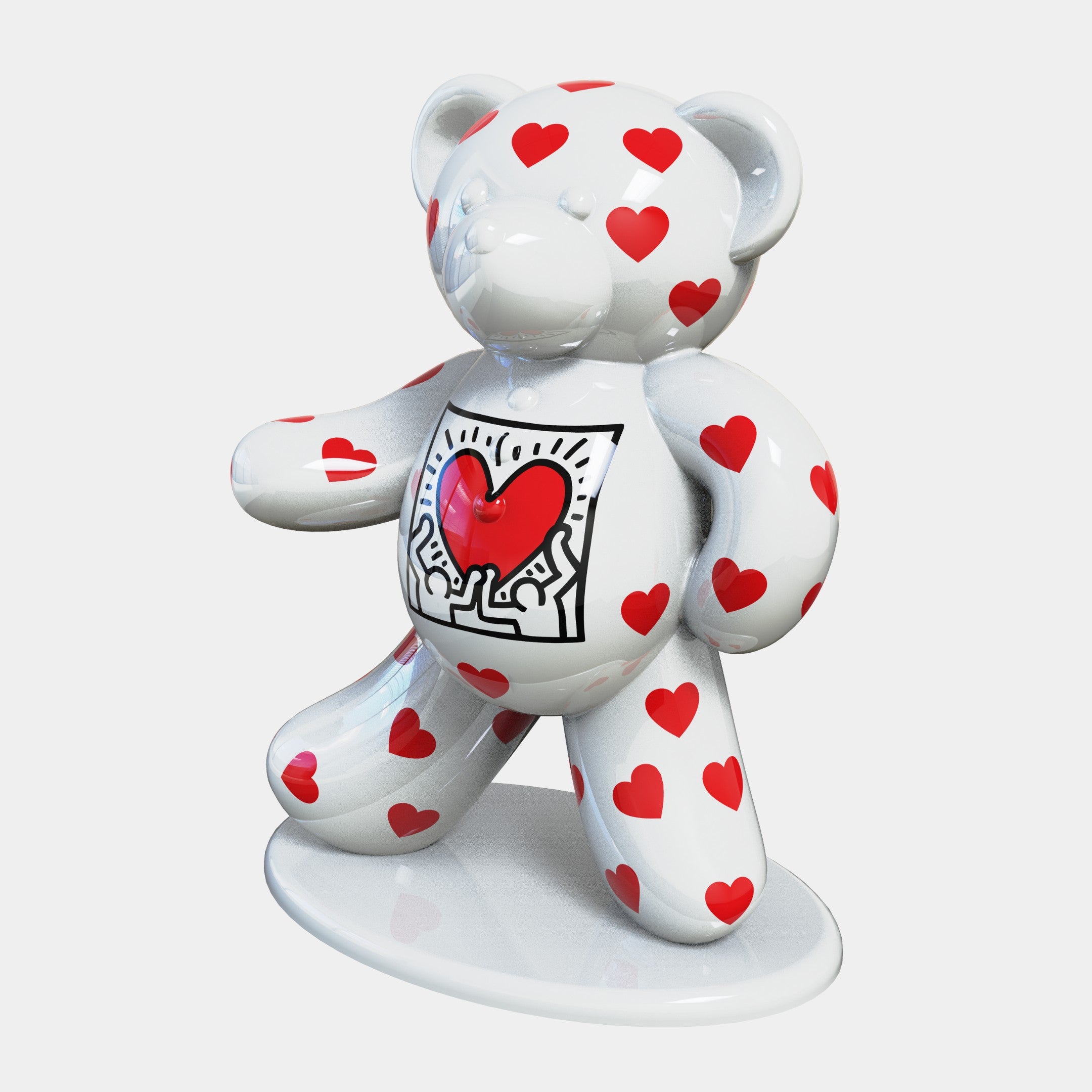 The Gacko Keith Haring White Bear Sculpture by Giant Sculptures features a 165cm white bear with red hearts on a round base, highlighting a Pop Art-inspired heart outlined boldly on its chest. Its playful pose and glossy finish make this limited edition piece truly captivating.