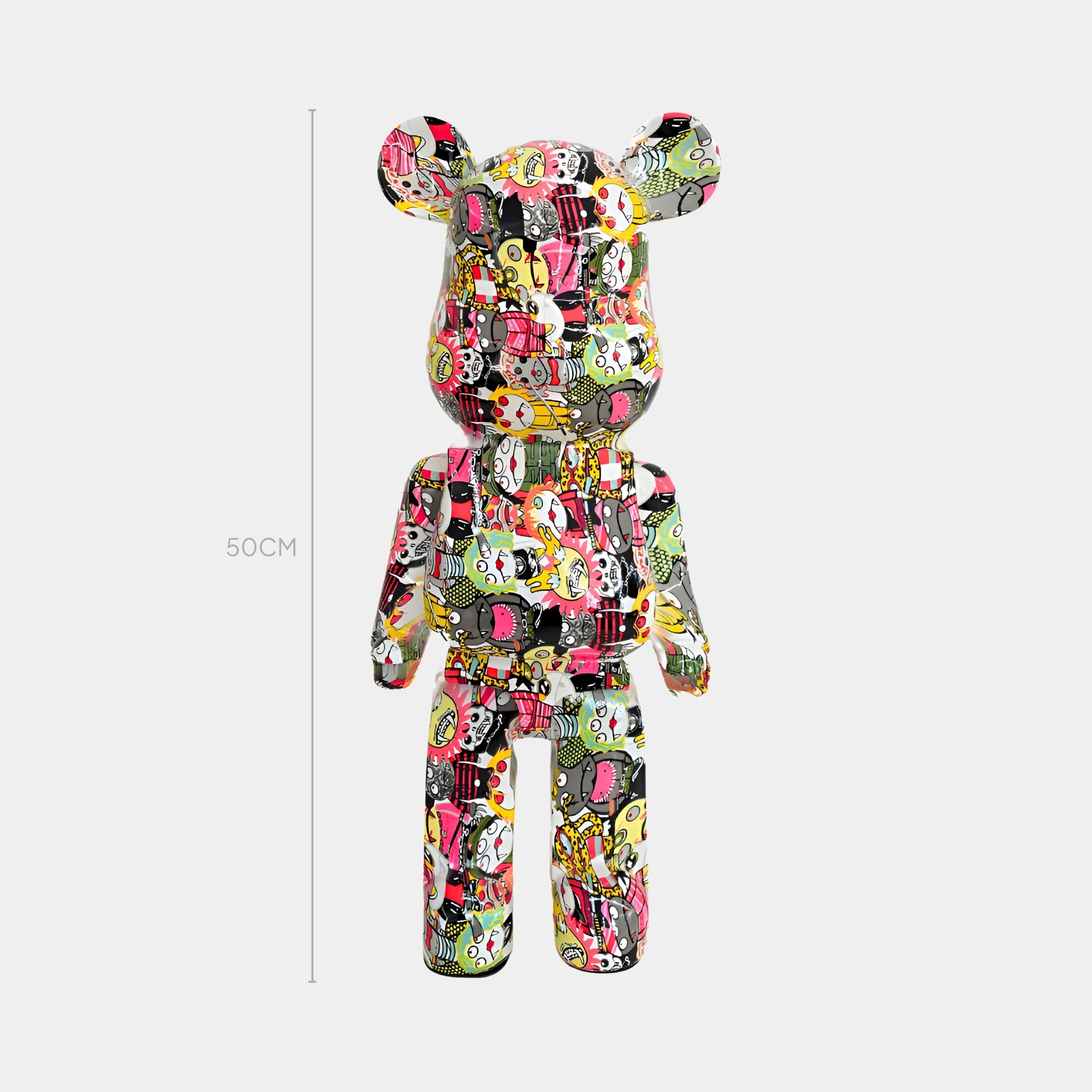 Front view of Urban Pop Bear Sculpture with graffiti-style line doodles in vibrant colors for urban chic decor.