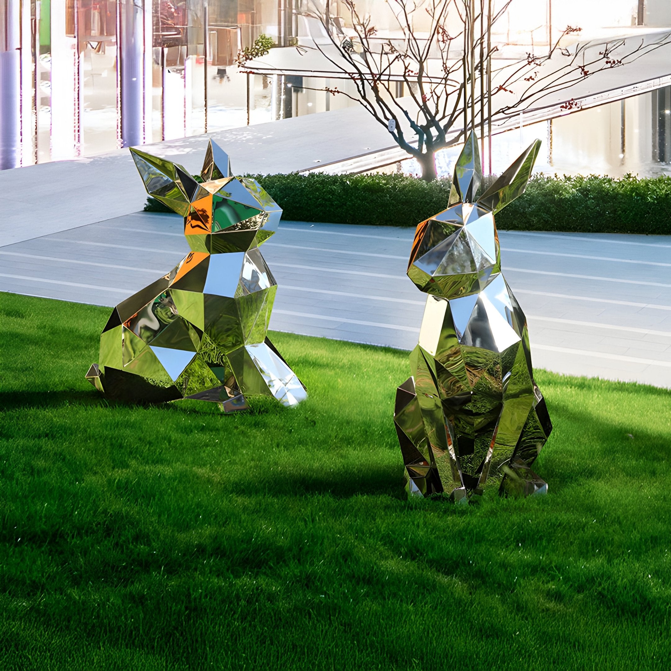 Two Coco Rabbit Steel Outdoor Sculptures by Giant Sculptures, each 61cm tall with reflective surfaces, rest on a vivid green lawn. Behind them stands a modern glass building and a delicate-branched tree bathed in warm sunlight.