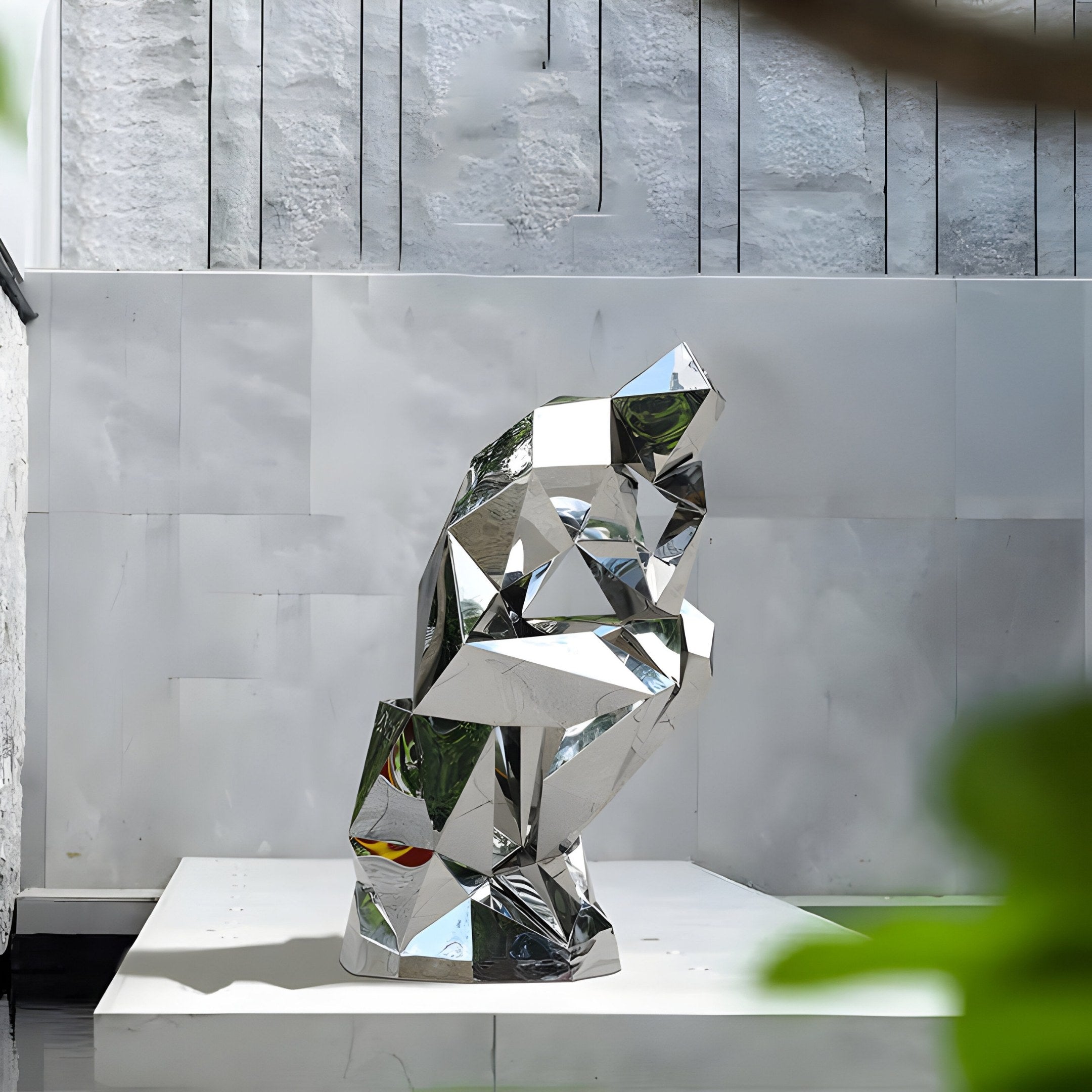 The Contemplative Silver Geometric Steel Sculpture - 130cm by Giant Sculptures, with its modern abstract design, sits on a white platform against a textured light wall with vertical lines, partially framed by greenery in the lower right corner.