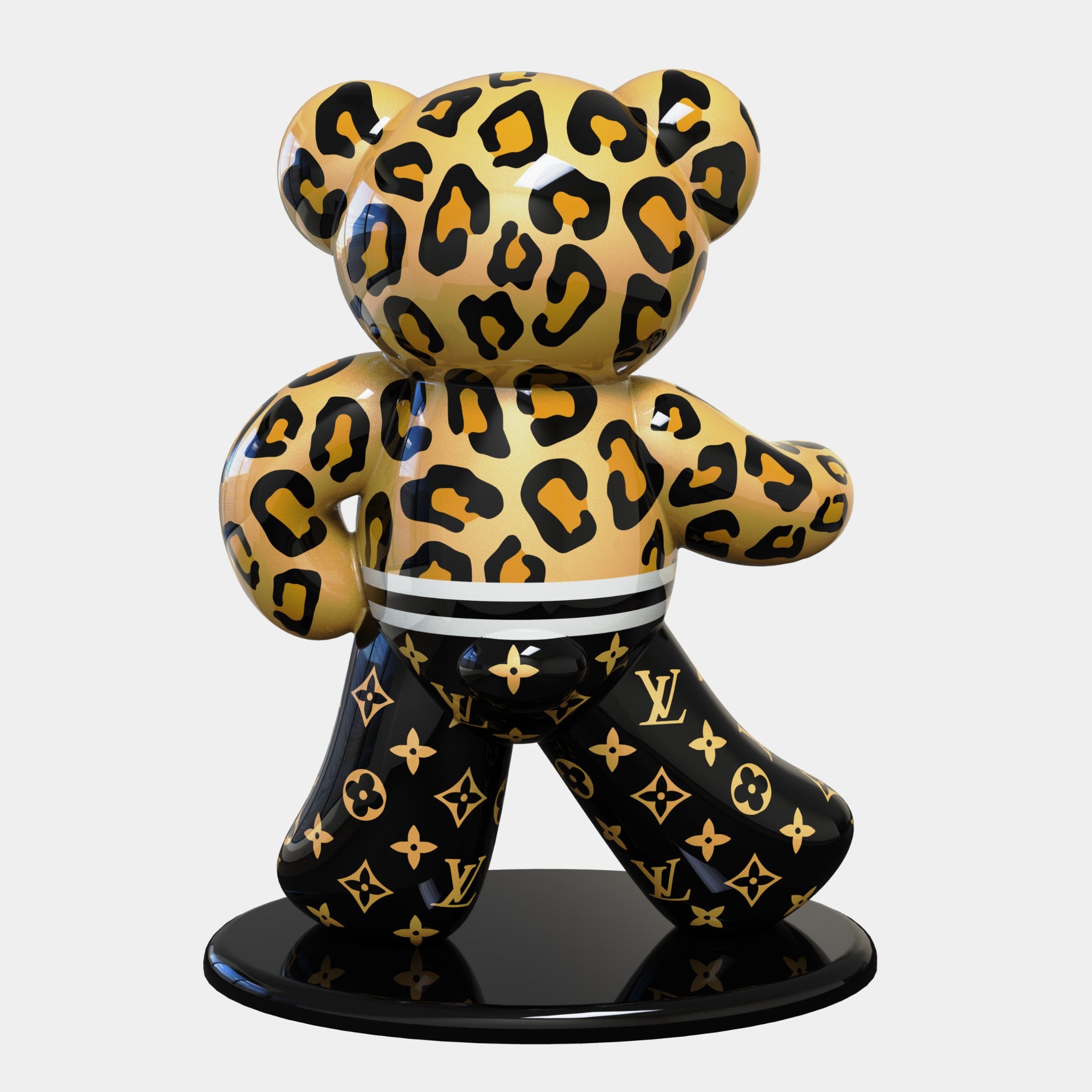 Introducing the Gacko Feline Bear Sculpture by Giant Sculptures. This limited edition art piece, standing at 165cm, blends pop art style with a leopard print top and designer logos below, all set on a sleek black circular base.