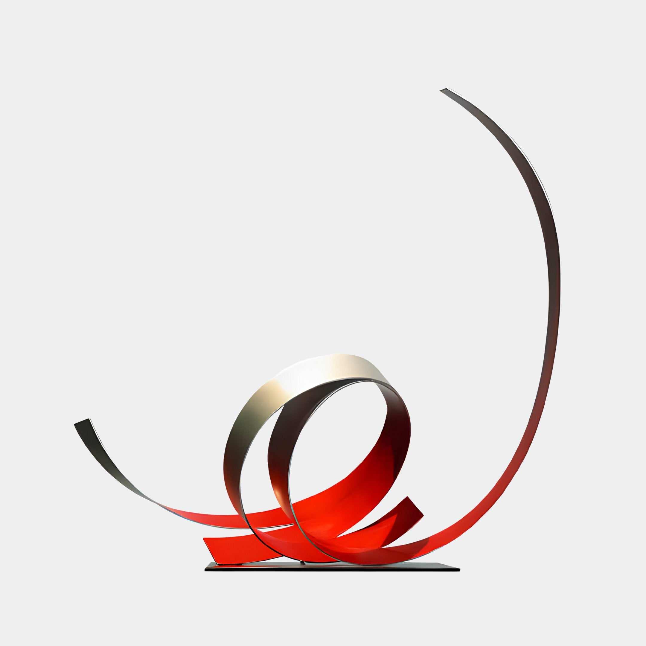 The Ribbon Red III Abstract Steel Sculpture by Giant Sculptures elegantly displays contemporary swirling ribbons in shades of red and silver, creating a dynamic, flowing appearance against a plain background. Standing at 68 cm tall, this piece beautifully showcases its curled forms.