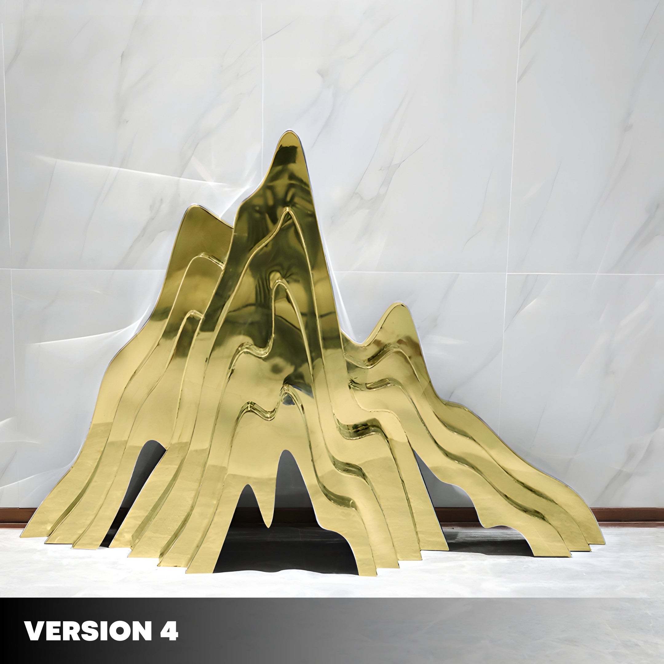 An abstract sculpture inspired by a mountain range, featuring gold with wavy lines, stands elegantly on a marble floor against a white marble-patterned wall. The text at the bottom reads VERSION 4. Crafted by Giant Sculptures, it's titled "Mountain Range Gold Abstract Steel Sculptures.