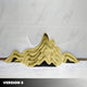 Against a light gray marble wall stands the Mountain Range Gold Abstract Steel Sculpture by Giant Sculptures, featuring shiny, layered, wavy peaks reminiscent of mountain ranges. The floor complements with a light tone. A Version 5 label can be seen in the bottom left corner.