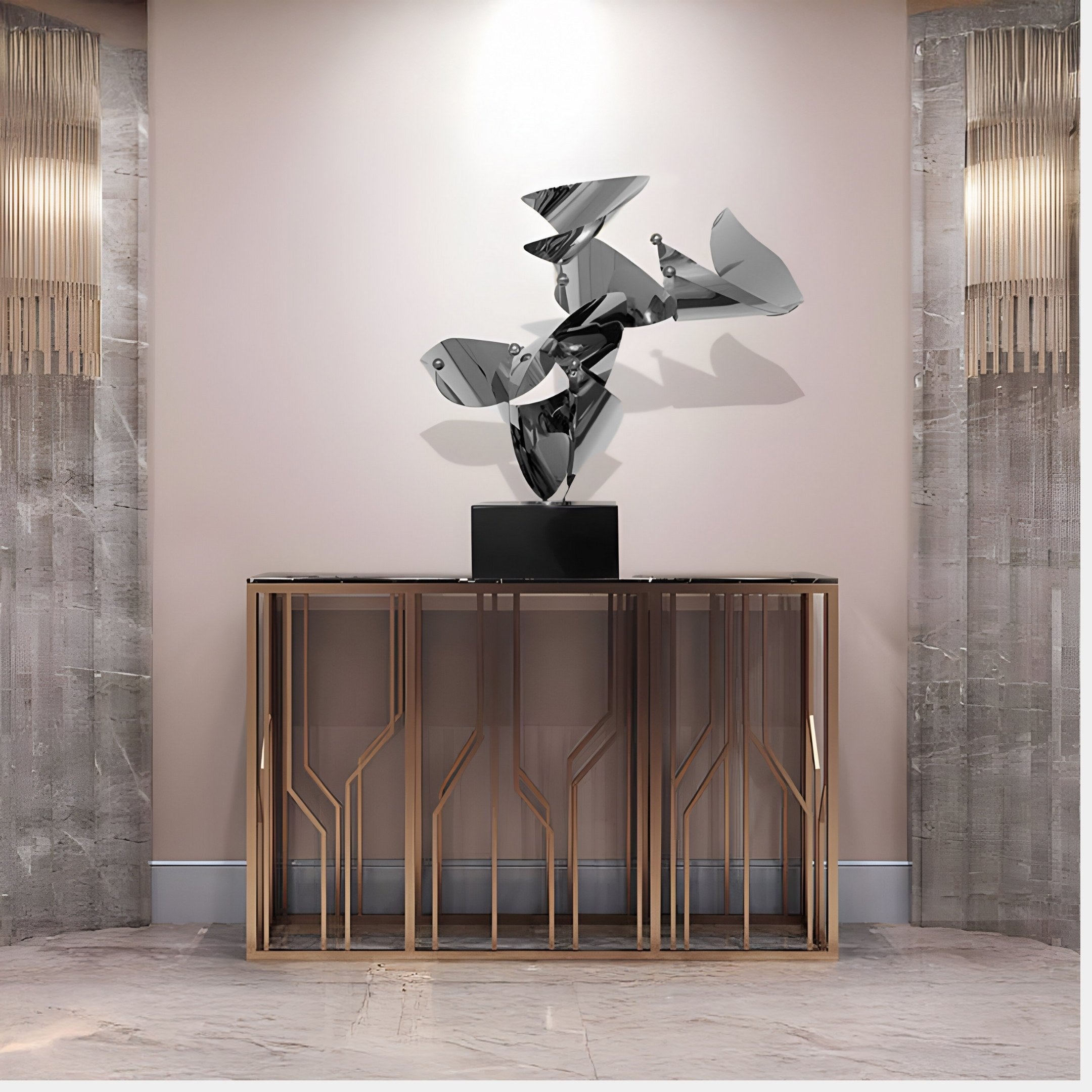 The Crest II Silver Abstract Steel Sculpture by Giant Sculptures, measuring 59 cm, stands on a pedestal against a neutral wall. Its elegantly displayed above a geometric console table, with surrounding textured wall panels featuring vertical lines to enhance its modern aesthetic.