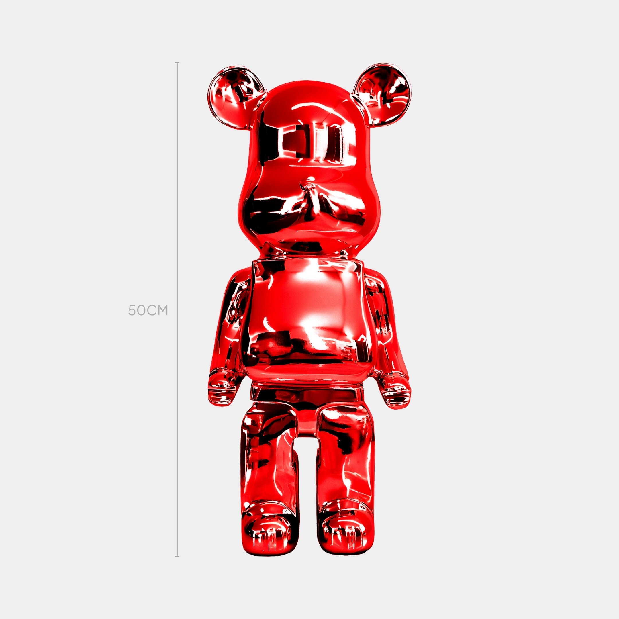 A Ruby Red Bear Sculpture from Giant Sculptures, featuring a lustrous electroplated finish, stands upright against a plain background. This contemporary artwork is highlighted by a vertical line beside it, showcasing its impressive height of 50 cm.