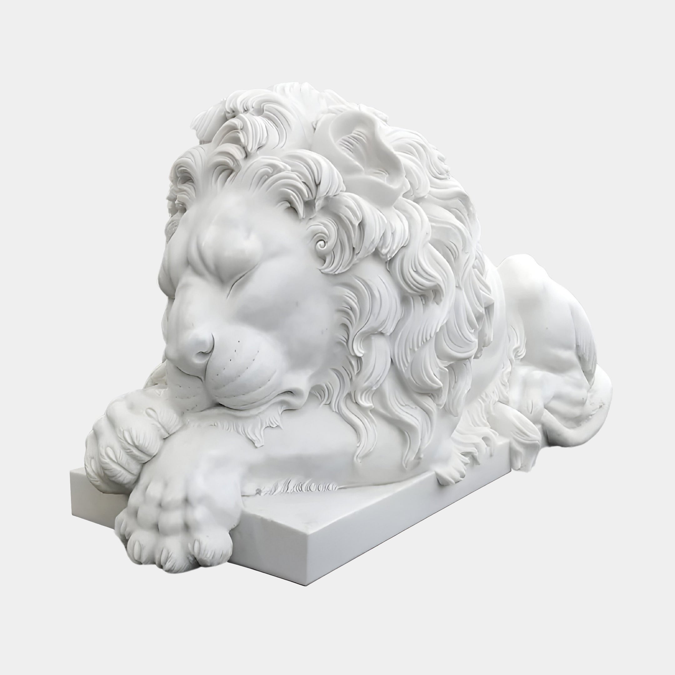 The Giant Sleeping Lion Marble Outdoor Sculpture by Giant Sculptures, measuring 200cm, features a white marble lion in a reclining pose with closed eyes, detailed flowing mane, and crossed front paws. This elegant piece rests on a rectangular base against a plain white background.