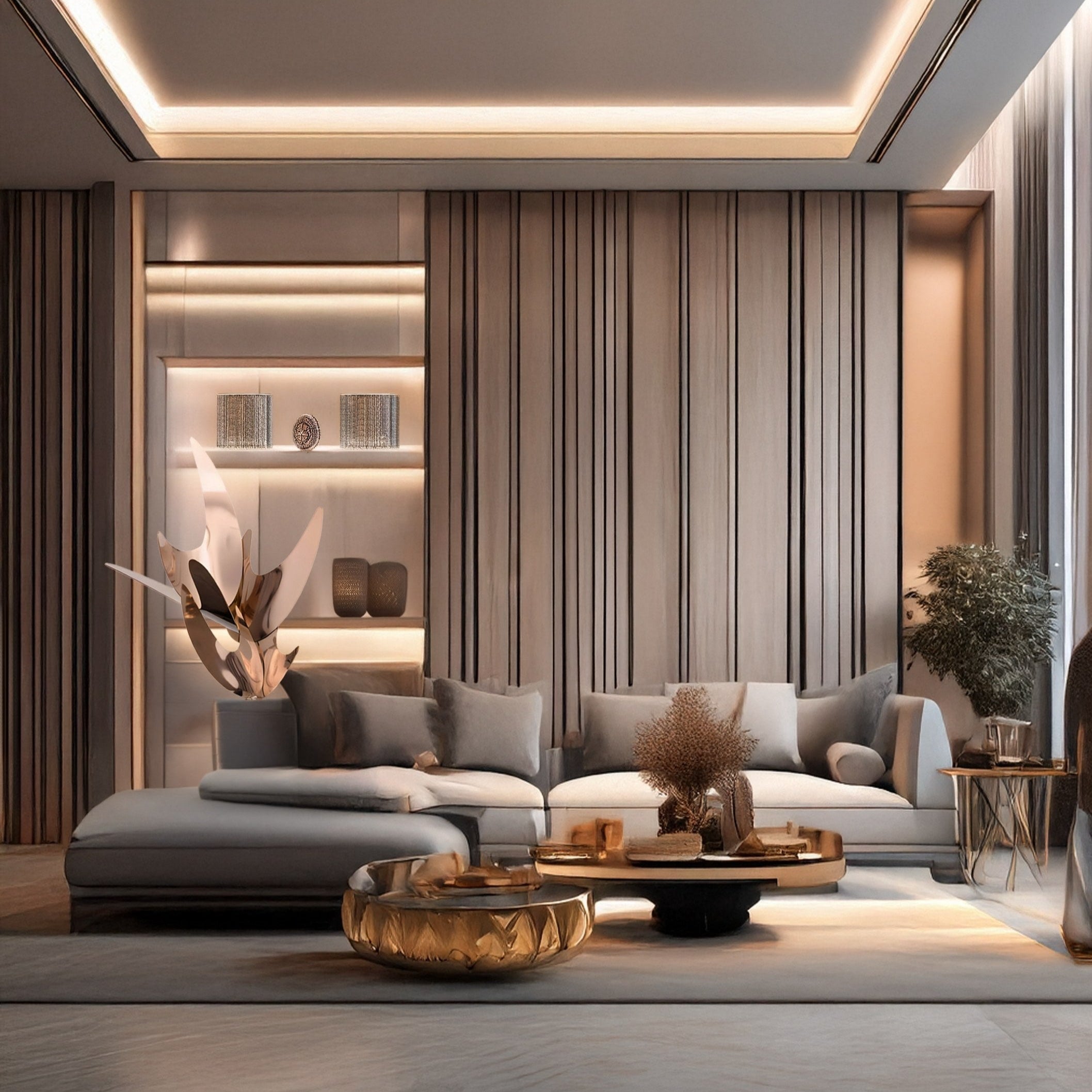 A modern living room boasts a sleek gray sectional sofa, a gold and black round coffee table, and artistic flair. Vertical slats and built-in shelves with vases grace the wall. The Zephyr Copper Abstract Steel Sculpture (71cm) by Giant Sculptures adds elegance, as soft lighting enhances coziness.