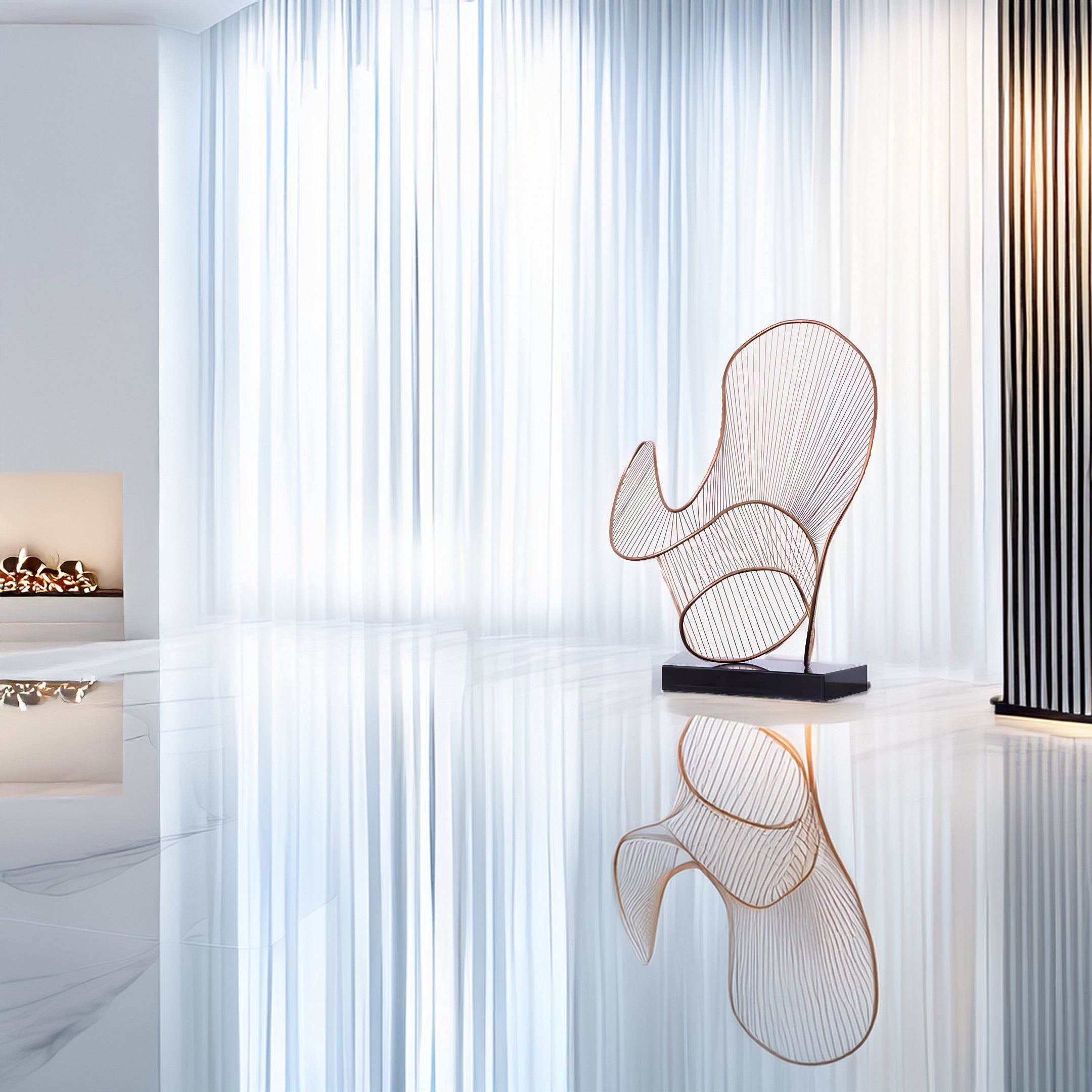 A modern minimalist room features the Cheri Copper Abstract Steel Sculpture by Giant Sculptures, standing elegantly on a glossy white floor. Sheer white curtains cover the windows, while a linear fireplace creates a soft glow in the background. Vertical black and white panels add contrast to the space.