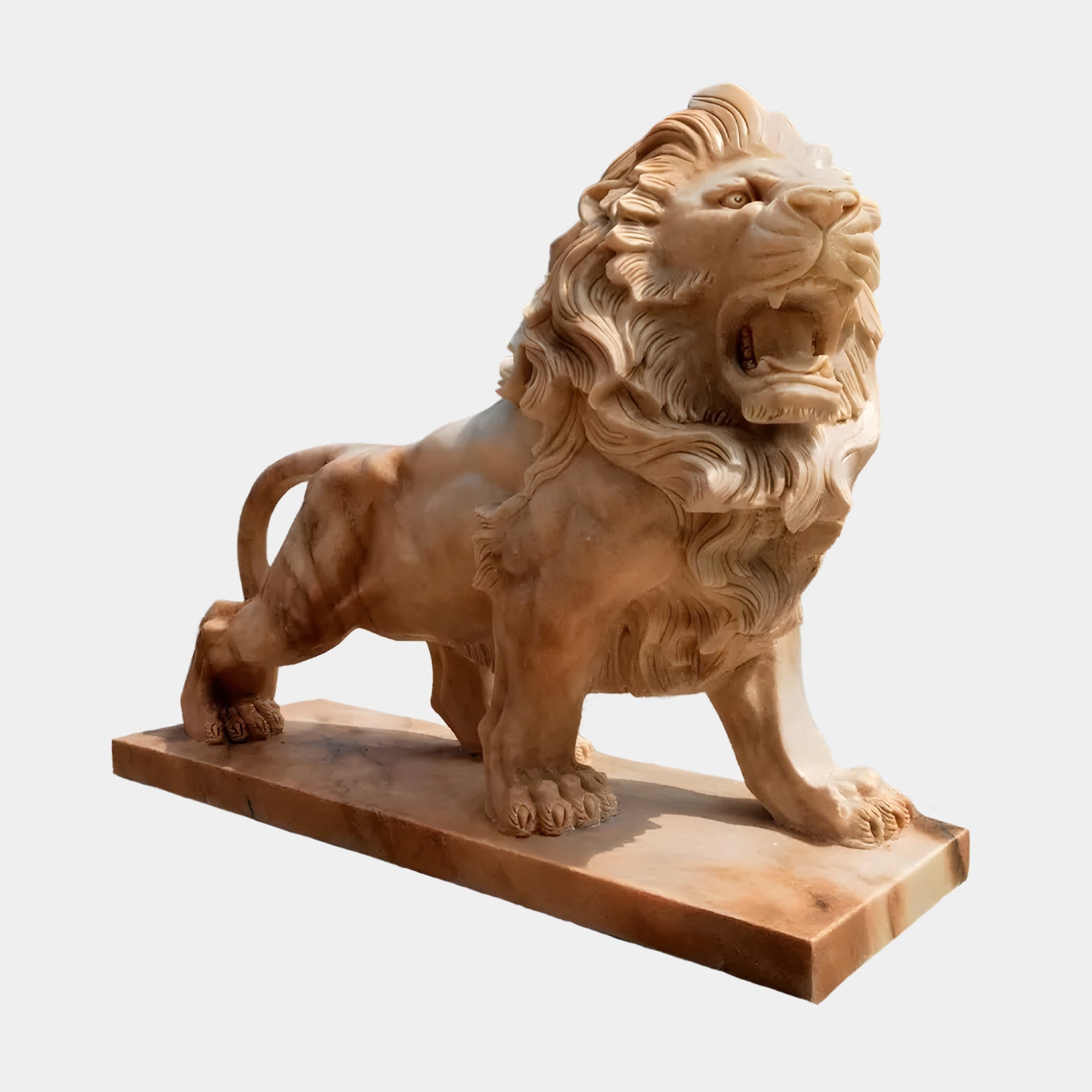 The Giant Lion II Yellow Marble Outdoor Sculpture by Giant Sculptures stands majestically at 240cm on a rectangular base, its flowing mane and roaring mouth embodying power. Perfect for luxury outdoor décor, it is set against a plain background to highlight its intricate details.