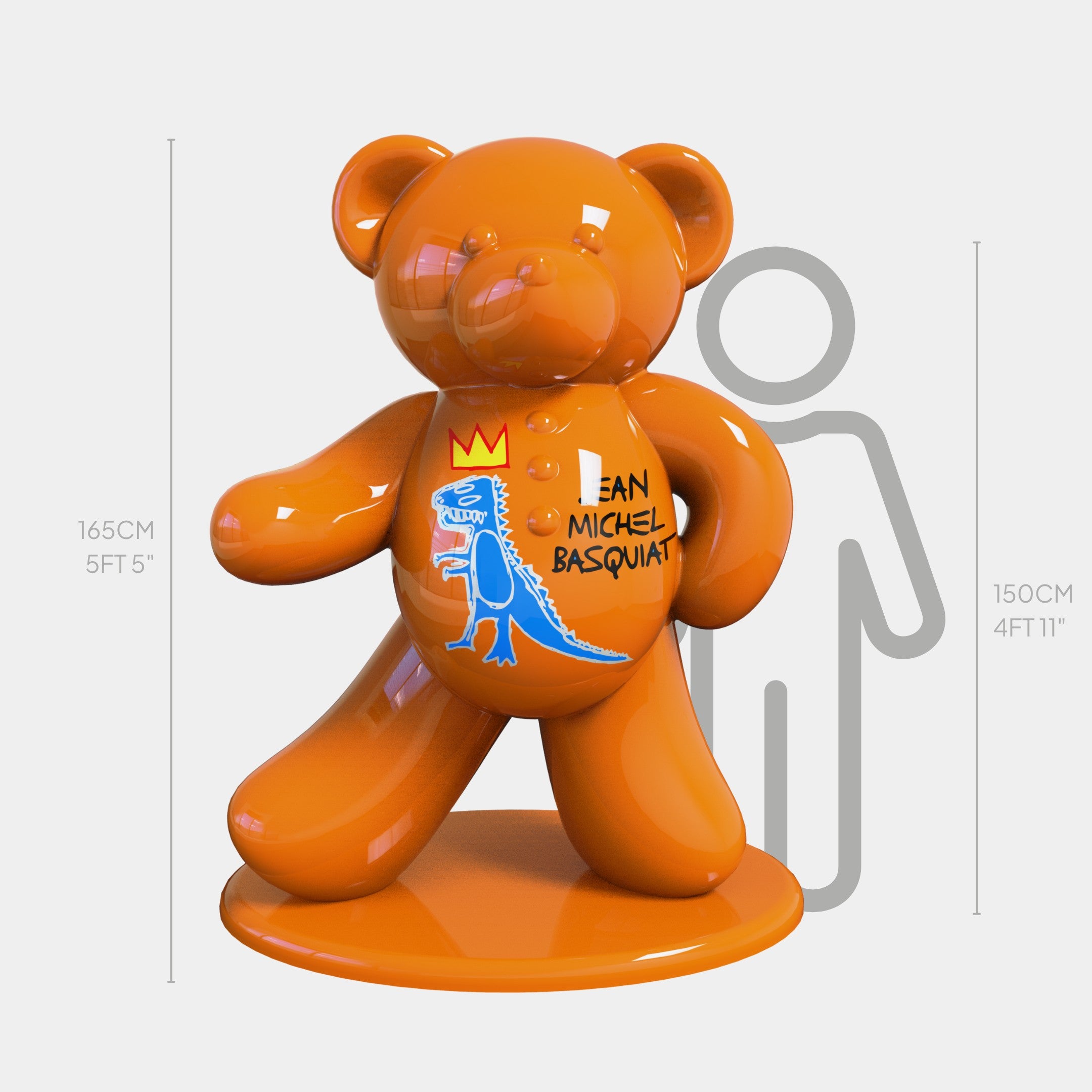 The Gacko Basquiat Bear Sculpture - 165cm by Giant Sculptures is a pop art piece inspired by Jean Michel Basquiat with a crown and blue dinosaur. Combining Keith Harings flair, this limited edition collectible stands next to a human height chart for enthusiasts.