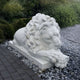 The Giant Sleeping Lion Marble Outdoor Sculpture (200cm) by Giant Sculptures rests with closed eyes on gray stones, surrounded by green shrubs, showcasing its detailed mane next to a paved walkway.