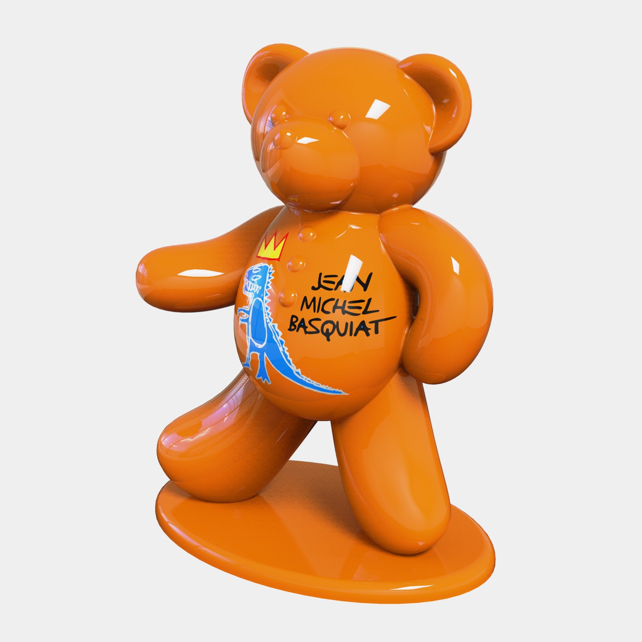 The Gacko Basquiat Bear Sculpture by Giant Sculptures stands at 165cm and features an orange bear with a glossy finish atop a matching base. This limited edition piece showcases blue dinosaur artwork and JEAN MICHEL BASQUIAT text, blending pop art elements like crown motifs for a striking visual.