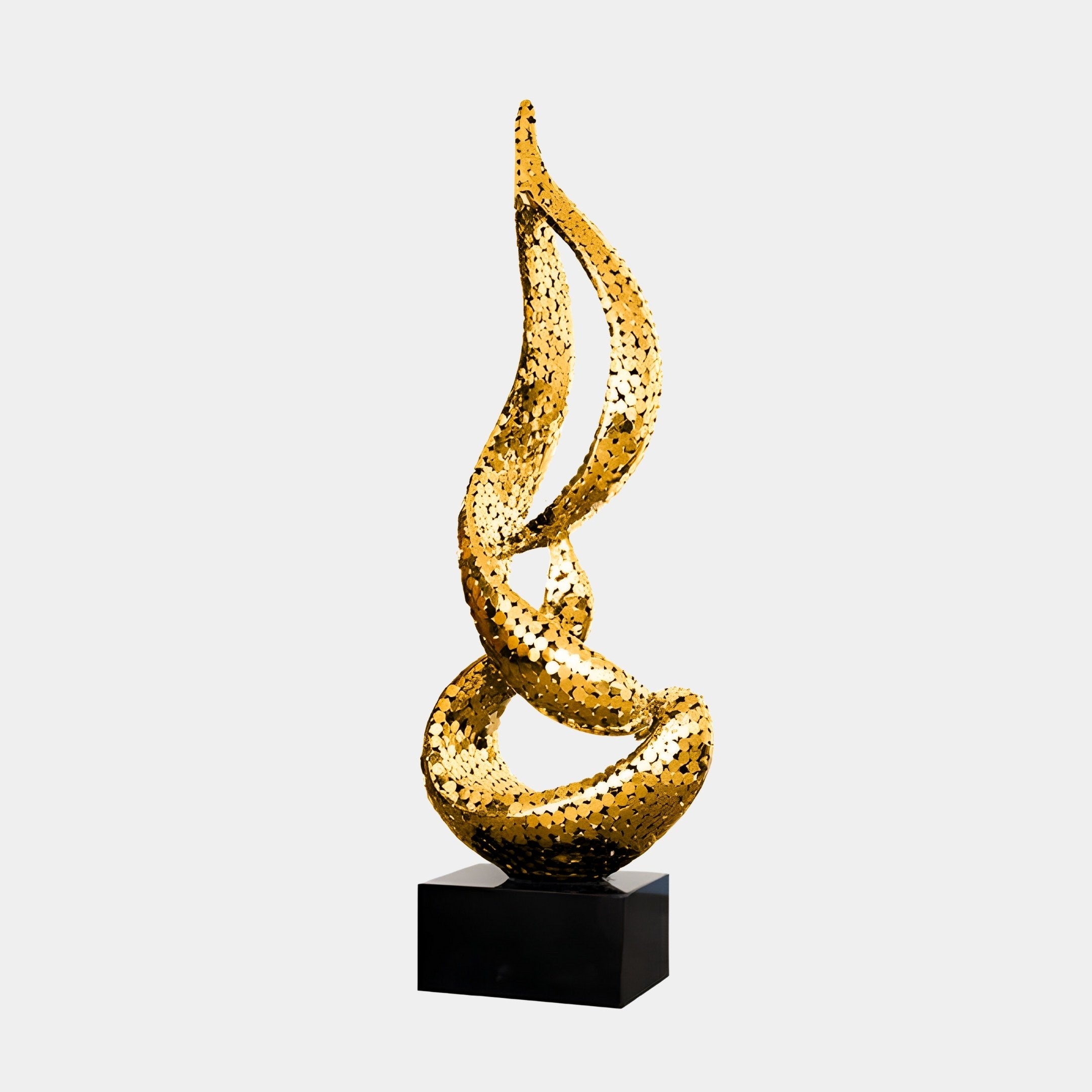 The Flare Gold Abstract Steel Sculpture by Giant Sculptures is a contemporary luxury piece with a twisting, fluid design and reflective circular patterns. It stands elegantly at 173 cm on a black rectangular base against a plain white background.