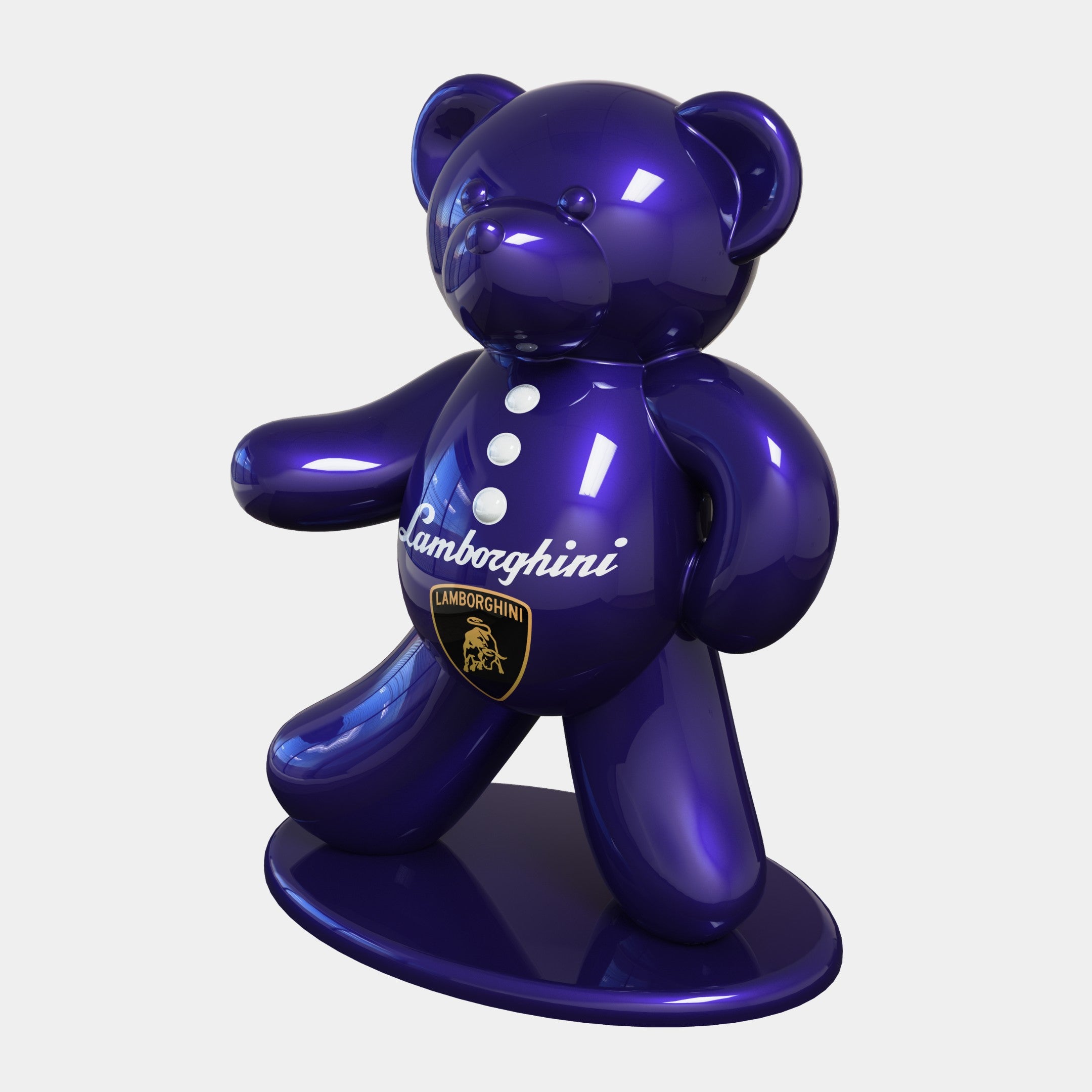 The Gacko Purple Lamborghini Bear Sculpture by Giant Sculptures is a 165cm shiny, metallic purple teddy bear, reminiscent of a Pop Art masterpiece. It features four white buttons and the Lamborghini name with its logo on the chest and stands on a matching base against a plain backdrop.