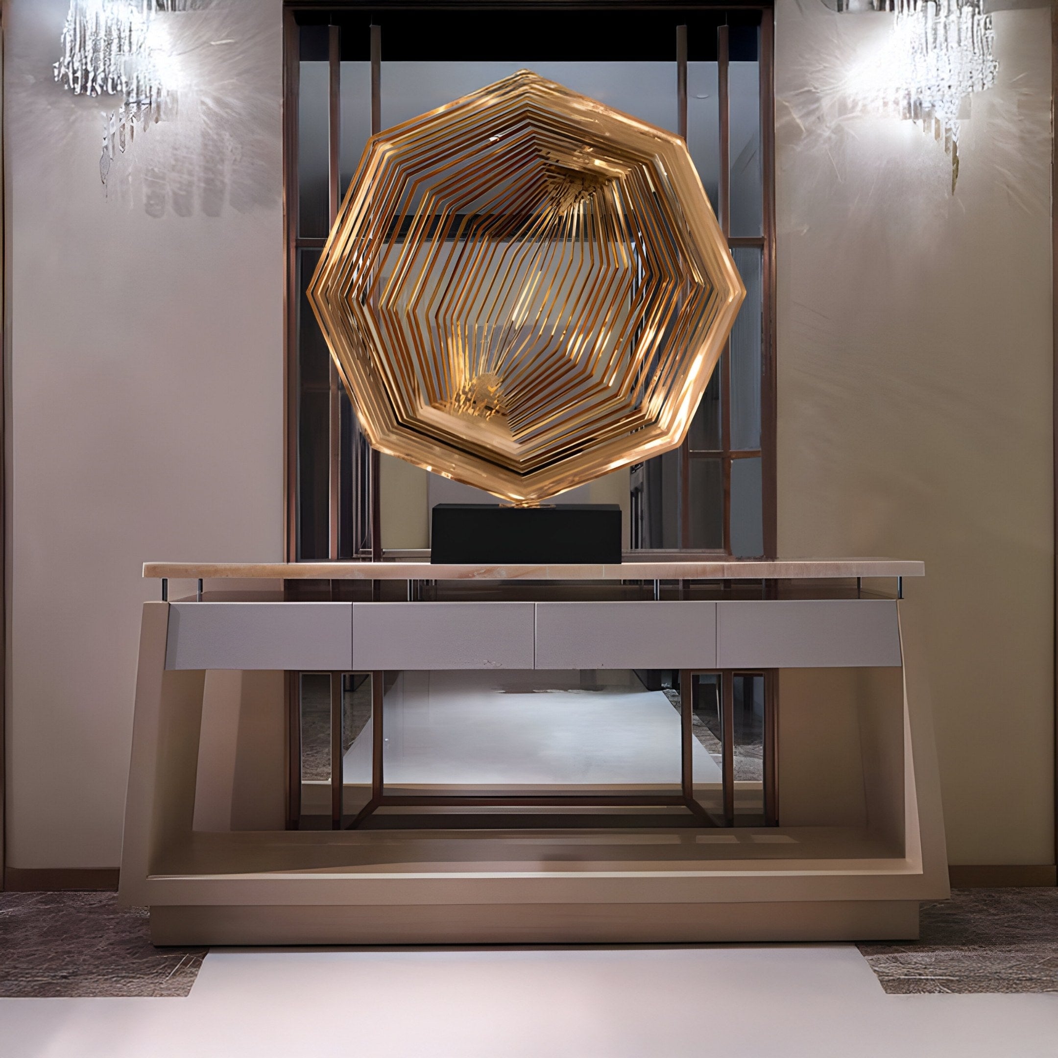 A sophisticated, minimalist interior features the Hexara Copper Geometric Steel Sculpture by Giant Sculptures on a sleek console table, complemented by a large mirror and elegant wall sconces that softly illuminate the space.