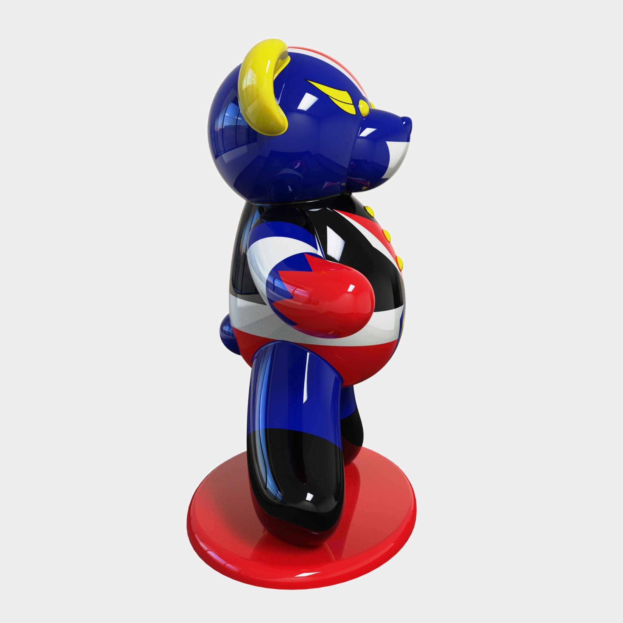 The Gacko Goldorak Bear Sculpture - 165cm by Giant Sculptures showcases a glossy retro anime-inspired bear design with André Gackos geometric patterns in blue, red, yellow, and black. It features a head horn and stands on a vibrant red circular base.