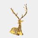 The Luminous Stag II Gold Steel LED Sculpture by Giant Sculptures, standing at 125cm, showcases contemporary artistry with its intricate patterns and tall antlers against a plain white background.