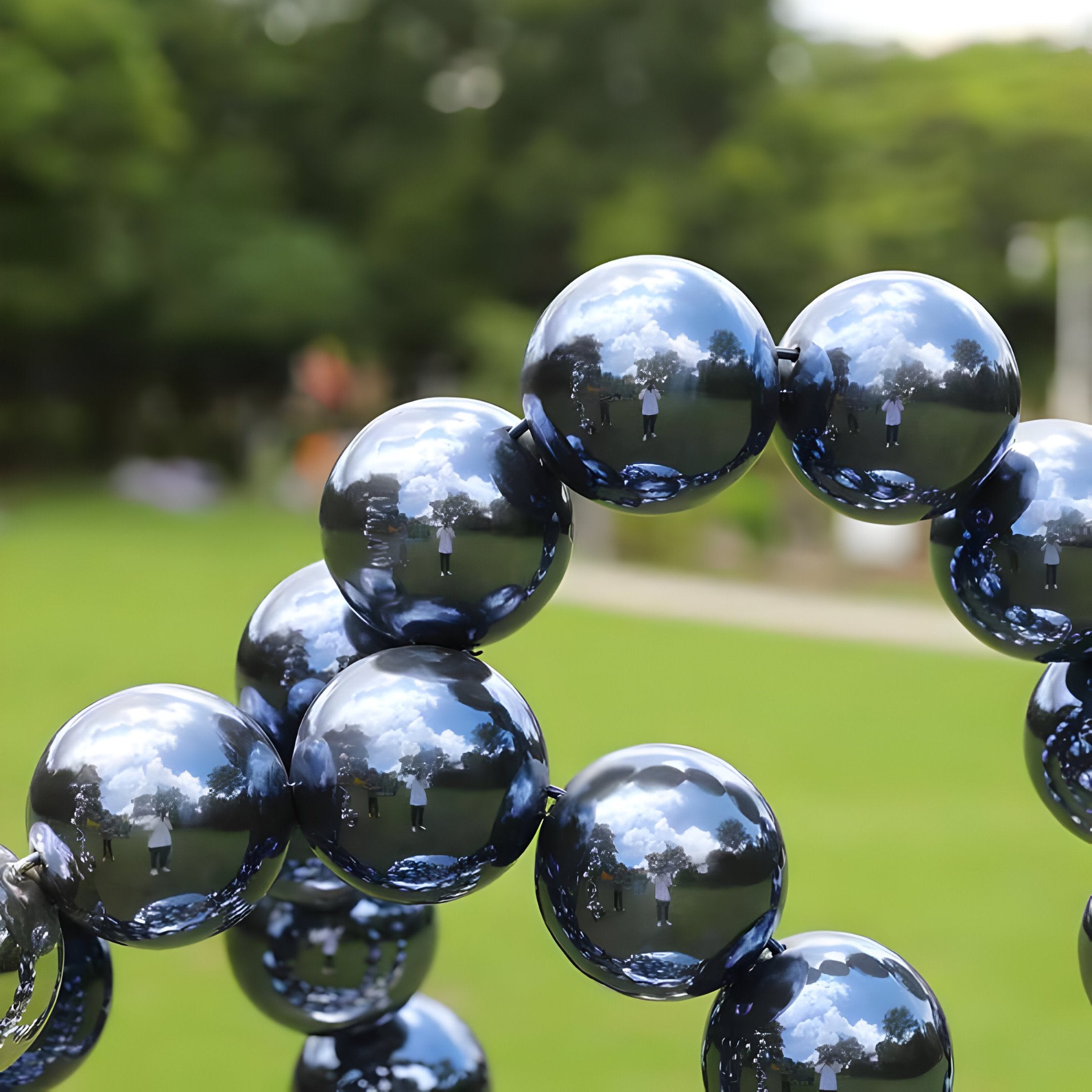 Close-up of the Orbs Organic Steel Outdoor Sculpture - 162cm by Giant Sculptures, featuring shiny metallic spheres connected in a strand that reflect the sky and clouds. This stainless steel masterpiece is set against blurred green foliage and offers a soft-focus view of a park, capturing the essence of modern outdoor art.