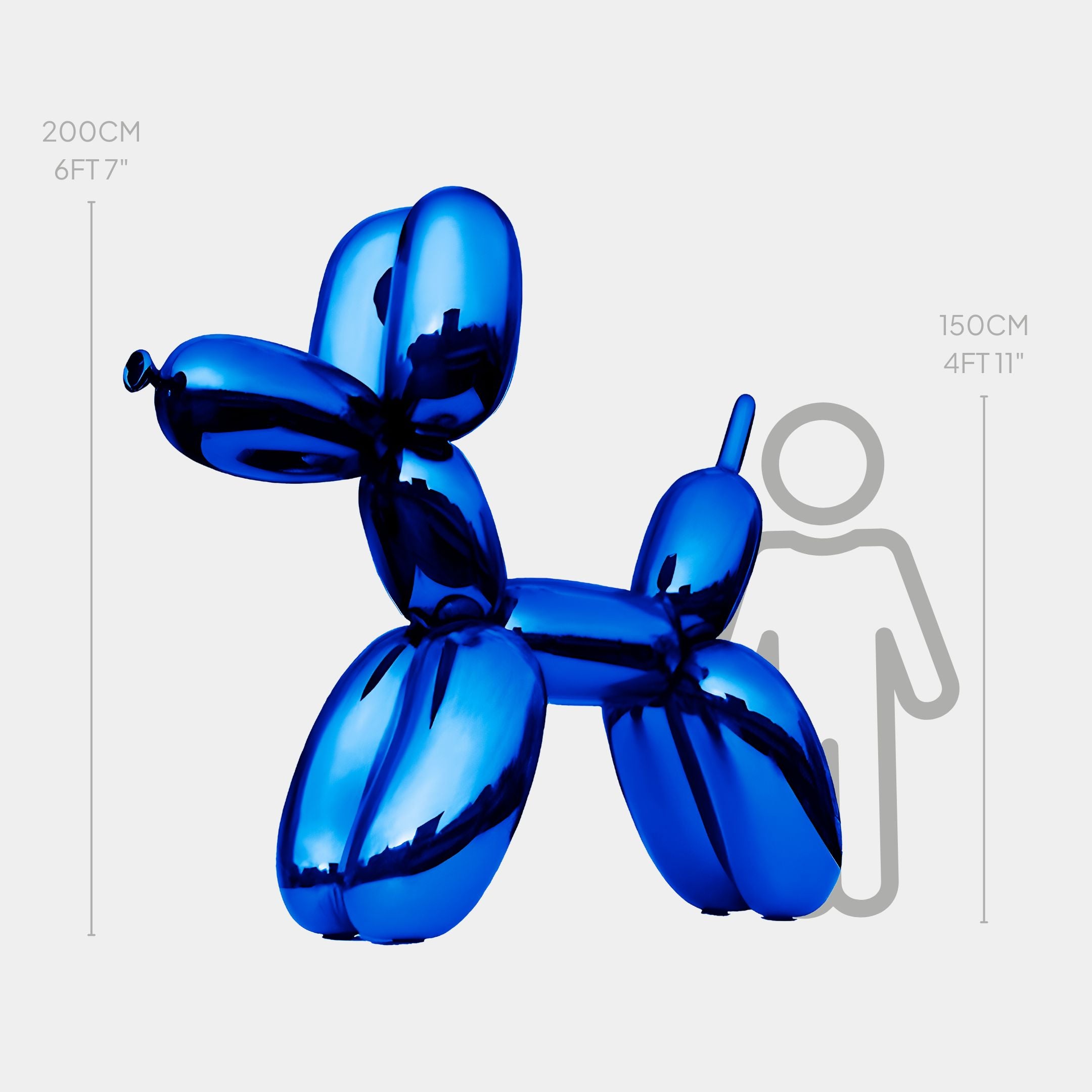 The Ocean Blue Balloon Dog Sculpture - 200cm by Giant Sculptures exudes a serene energy as it towers over the silhouette. This sculpture, with its vibrant hue and glossy finish, accentuates its impressive size beside the 150cm figure.